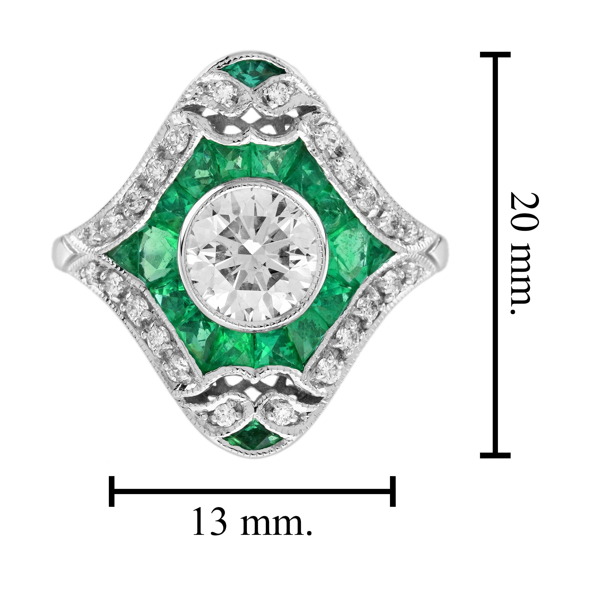 Diamond & Green Emerald Bezel Halo Set Art Deco Style Shield 18K White Gold Ring