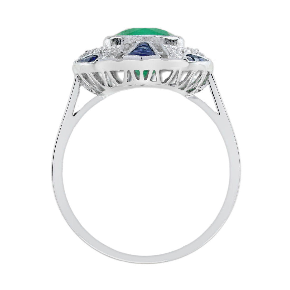 Oval Shape Green Emerald Sapphire Diamond Art Deco Style Shield White Gold Ring