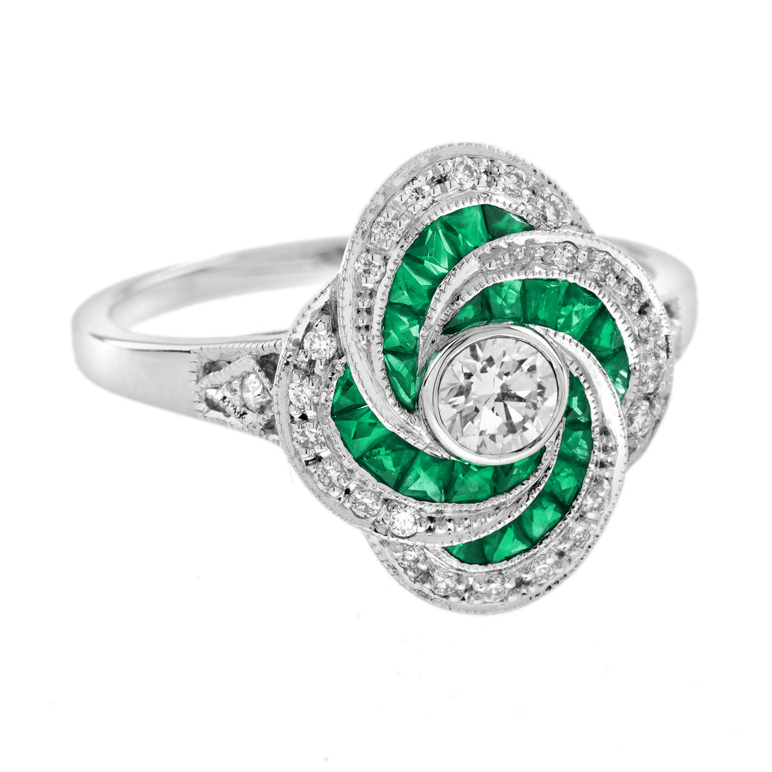 Diamond & Emerald Art Deco Style Swirling Fancy Cut Halo 14K White Gold Ring