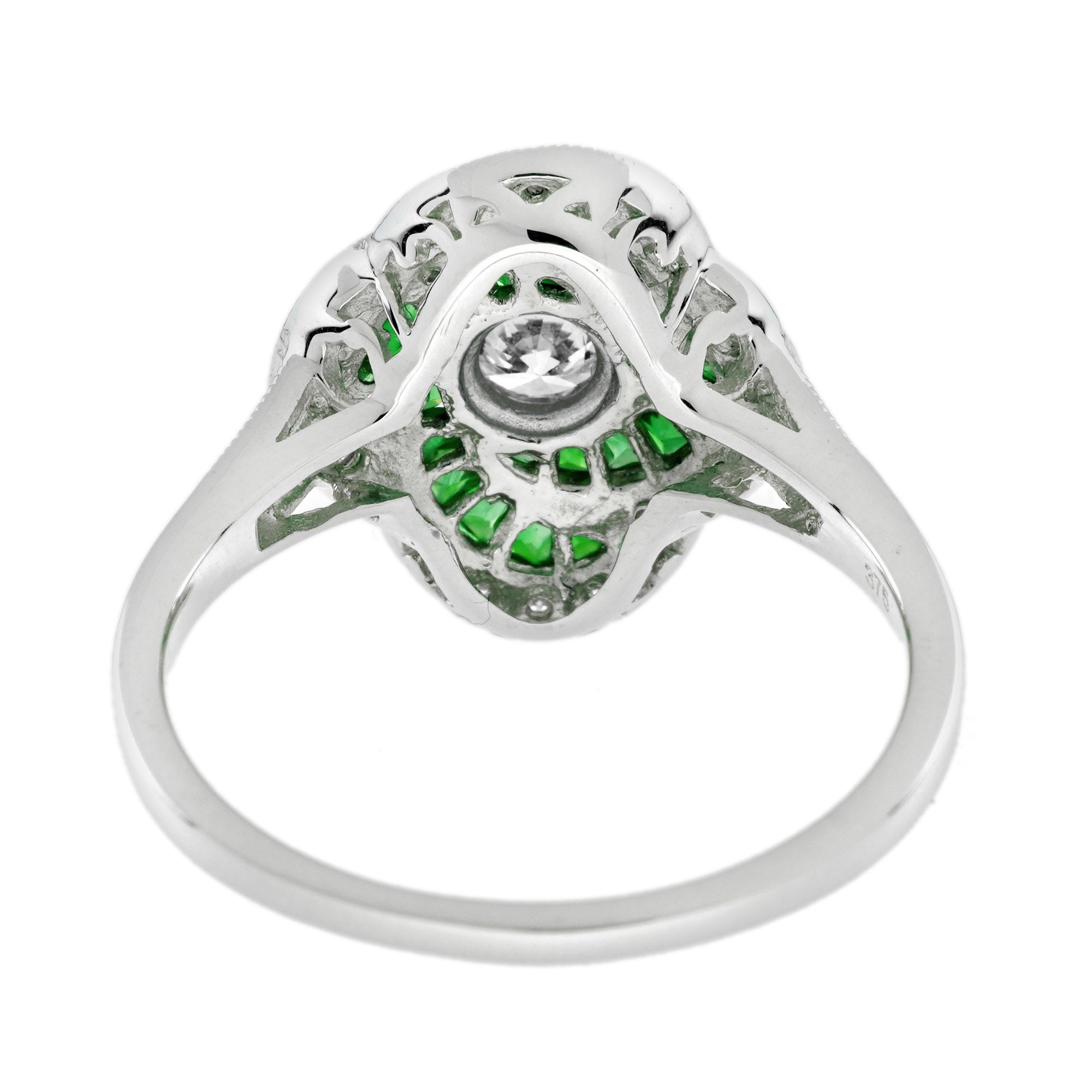Diamond & Emerald Art Deco Style Swirling Fancy Cut Halo 14K White Gold Ring