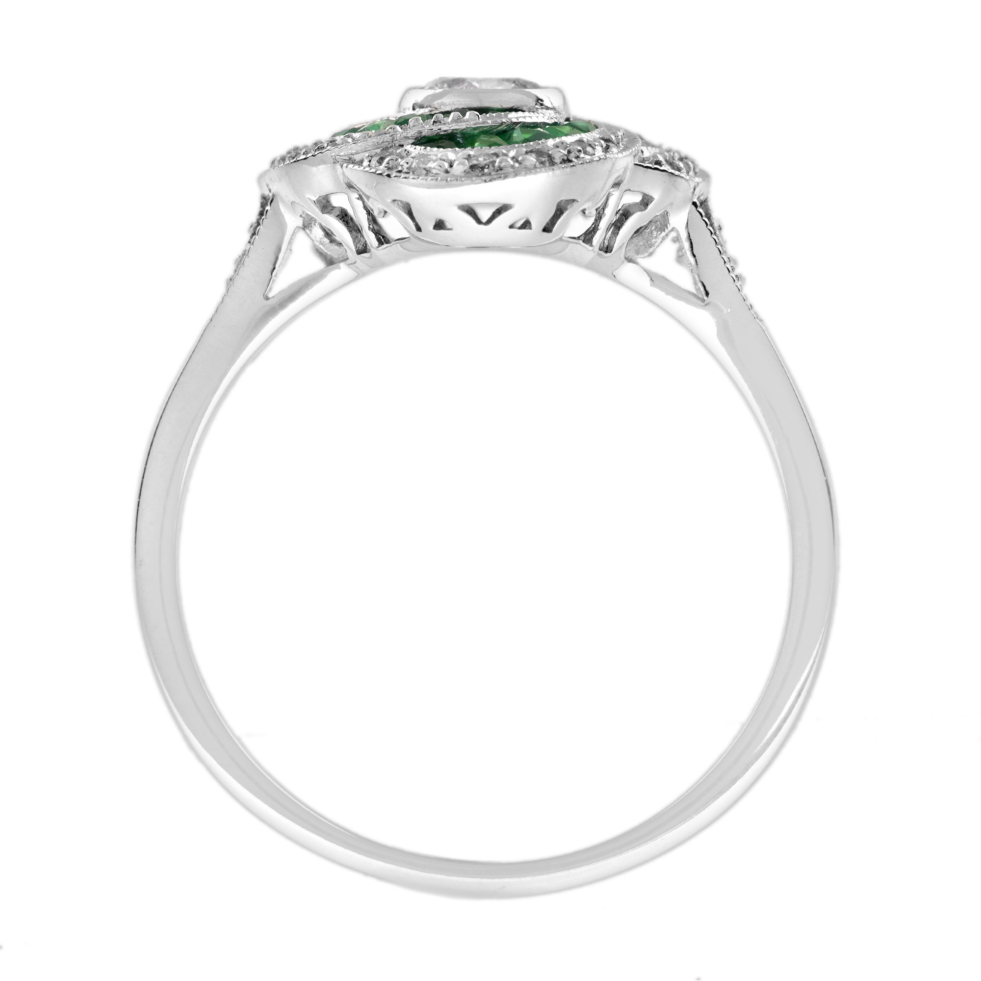 Diamond & Emerald Art Deco Style Swirling Fancy Cut Halo 14K White Gold Ring