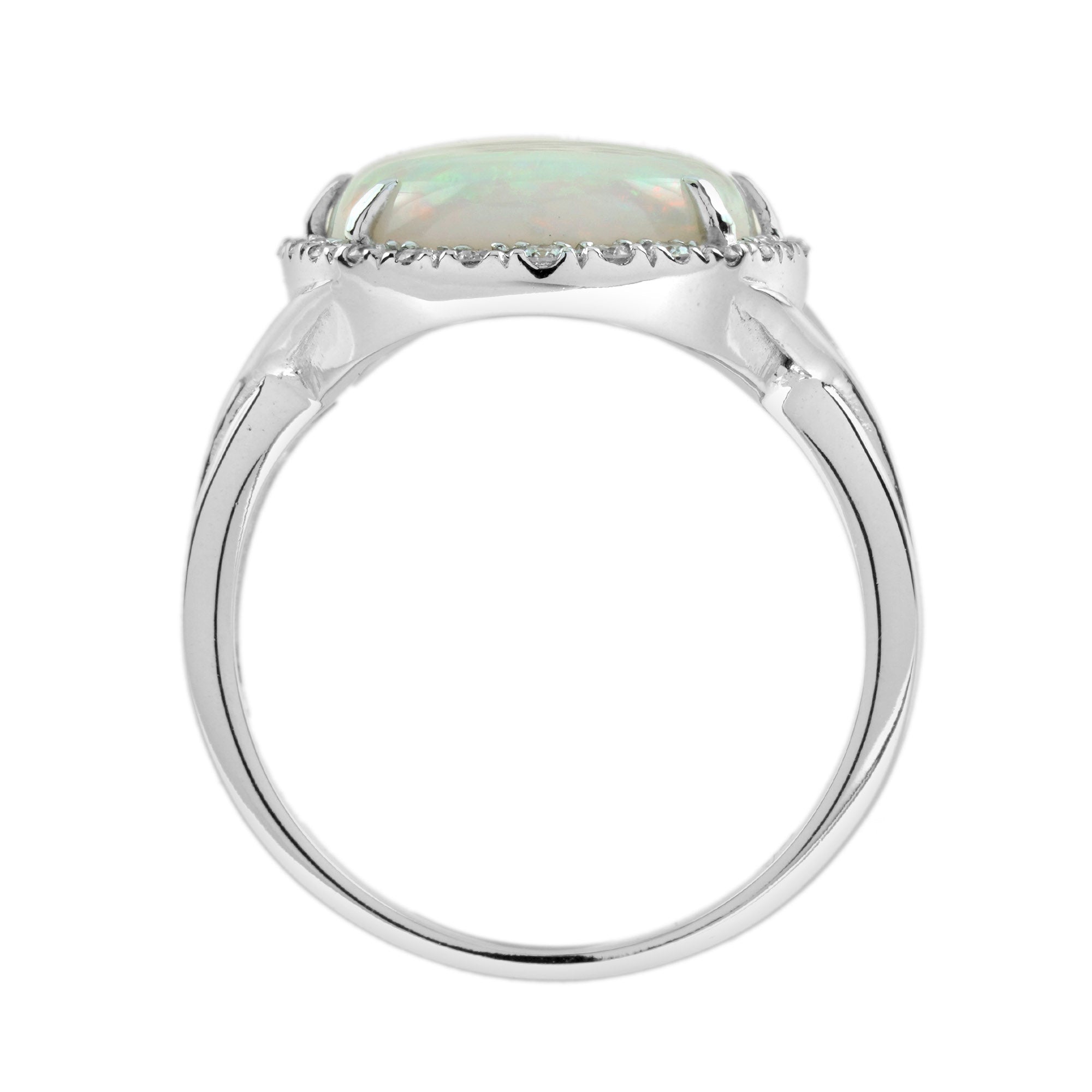 White Opal & Diamond Vintage Style Halo Set 18K White Gold Cocktail Ring