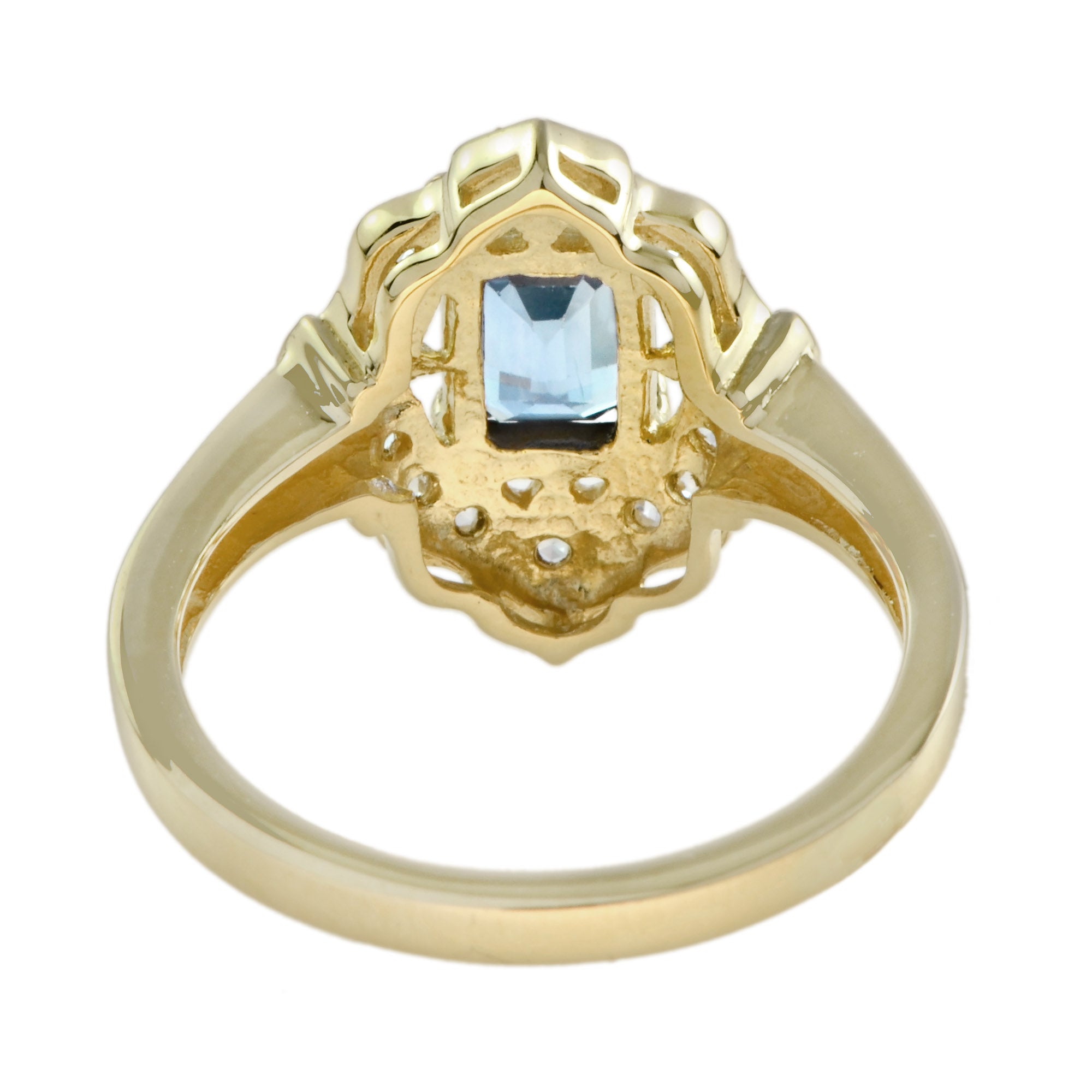 Rectangle Shape Emerald Cut Blue Topaz & Diamond Halo Vintage Style Gold Ring