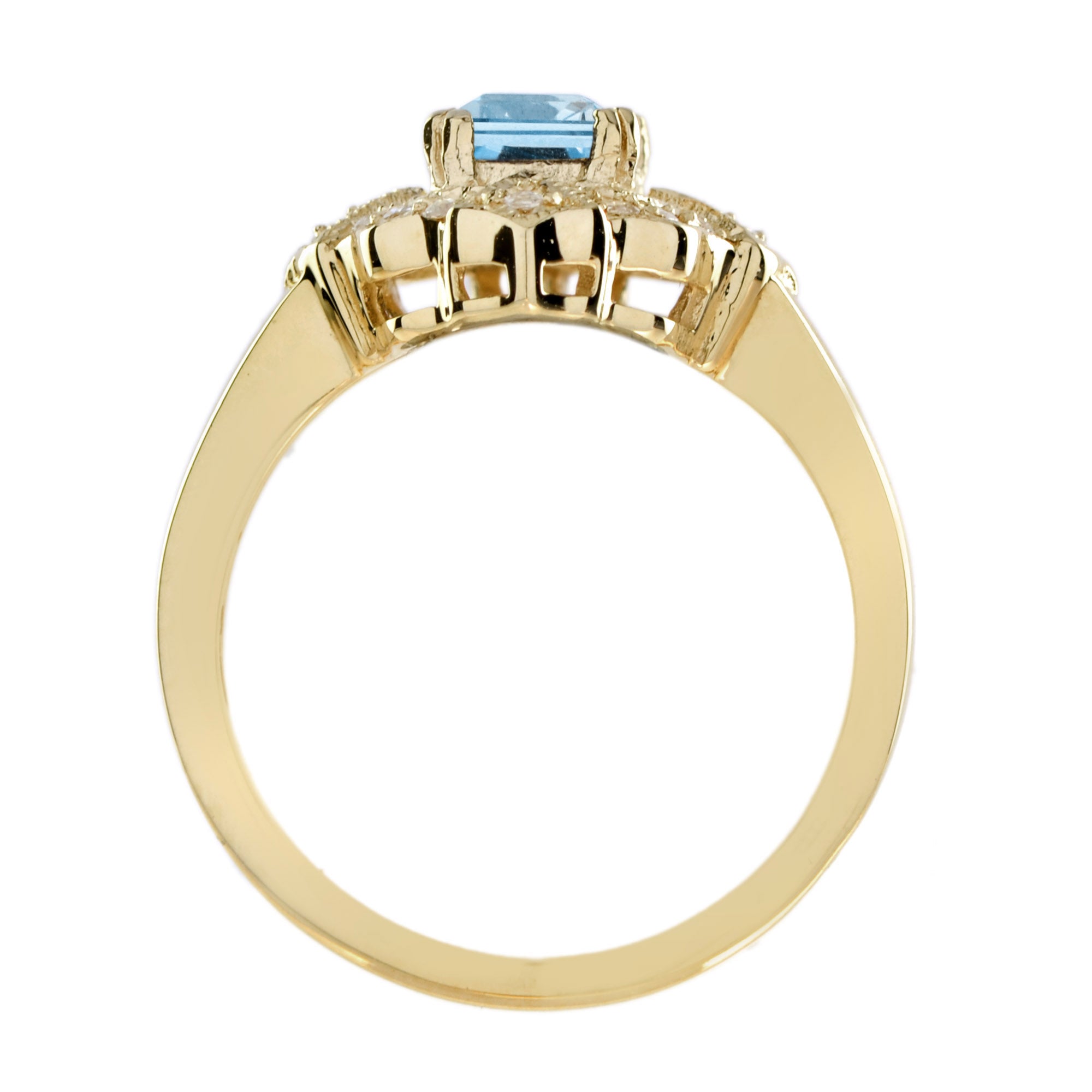Rectangle Shape Emerald Cut Blue Topaz & Diamond Halo Vintage Style Gold Ring