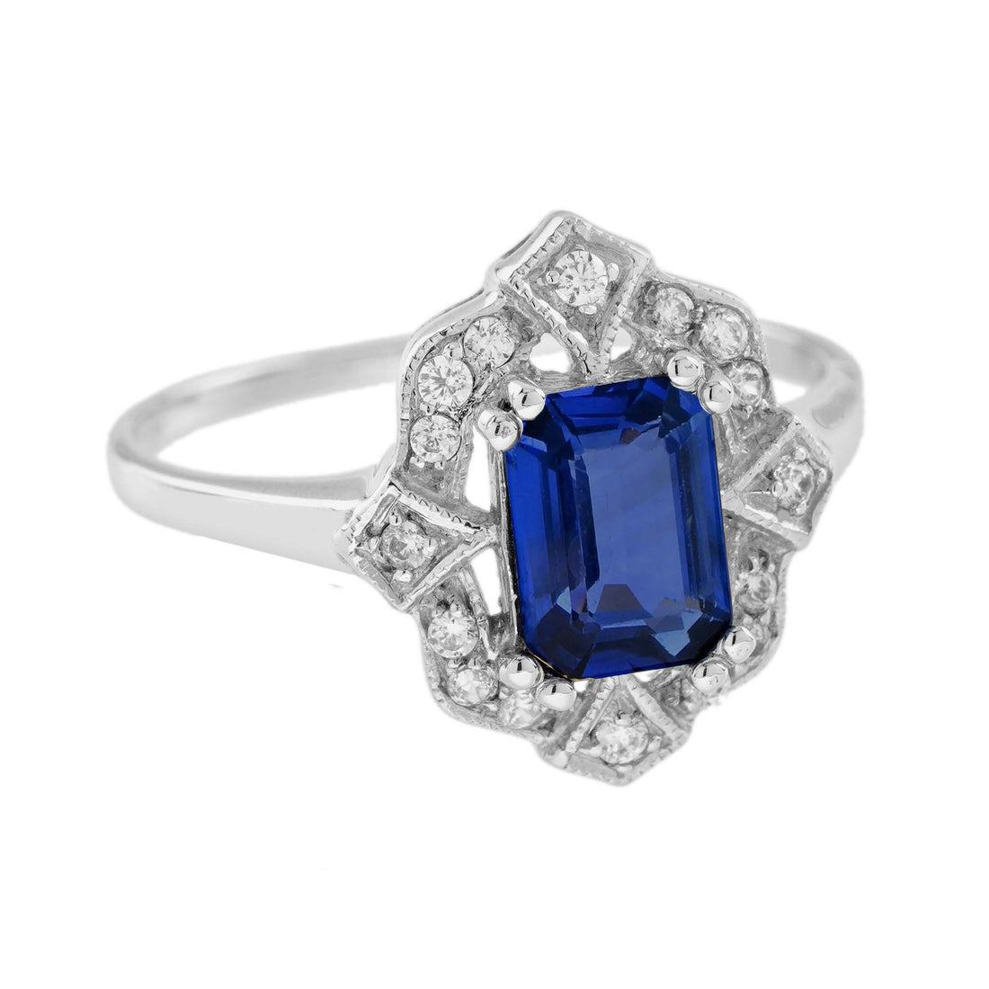 Emerald Cut Blue Sapphire & Diamond Halo 14K White Gold Vintage Style Ring