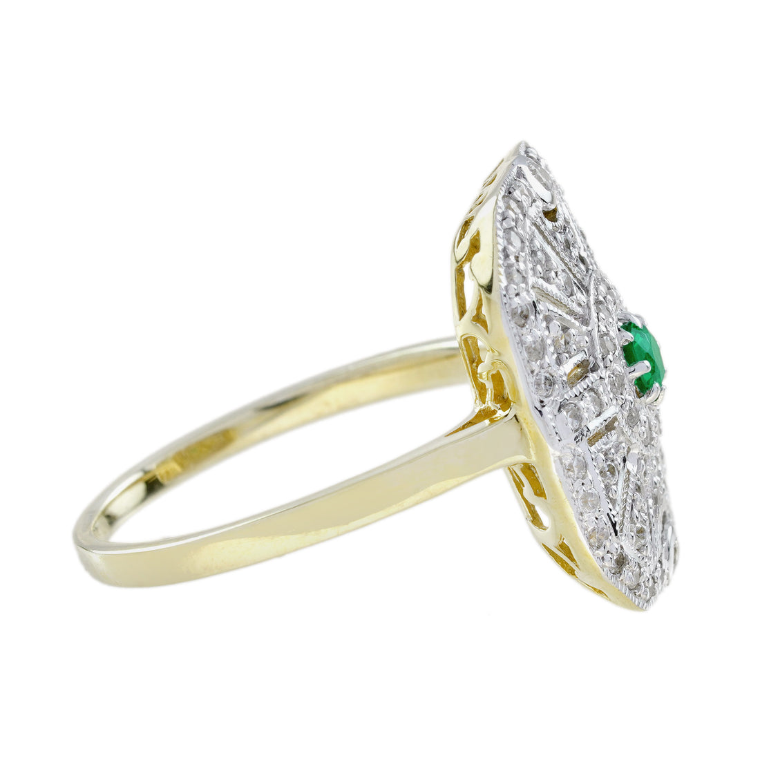 Emerald & Diamond Vintage Inspired Edwardian Style Target White Yellow Gold Ring