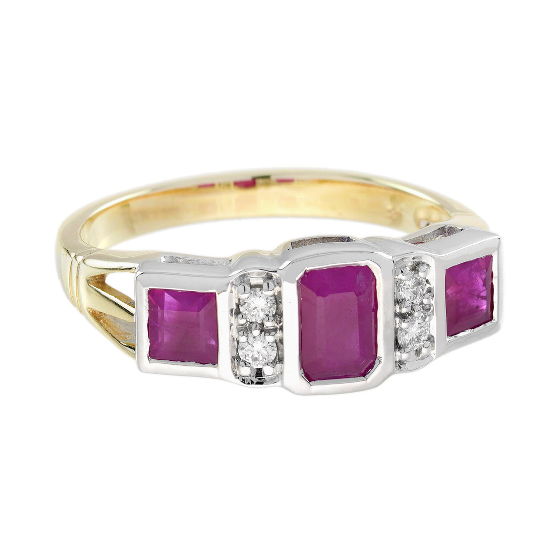 Ruby & Diamond Art Deco Style Three Stone White Yellow Gold Ring