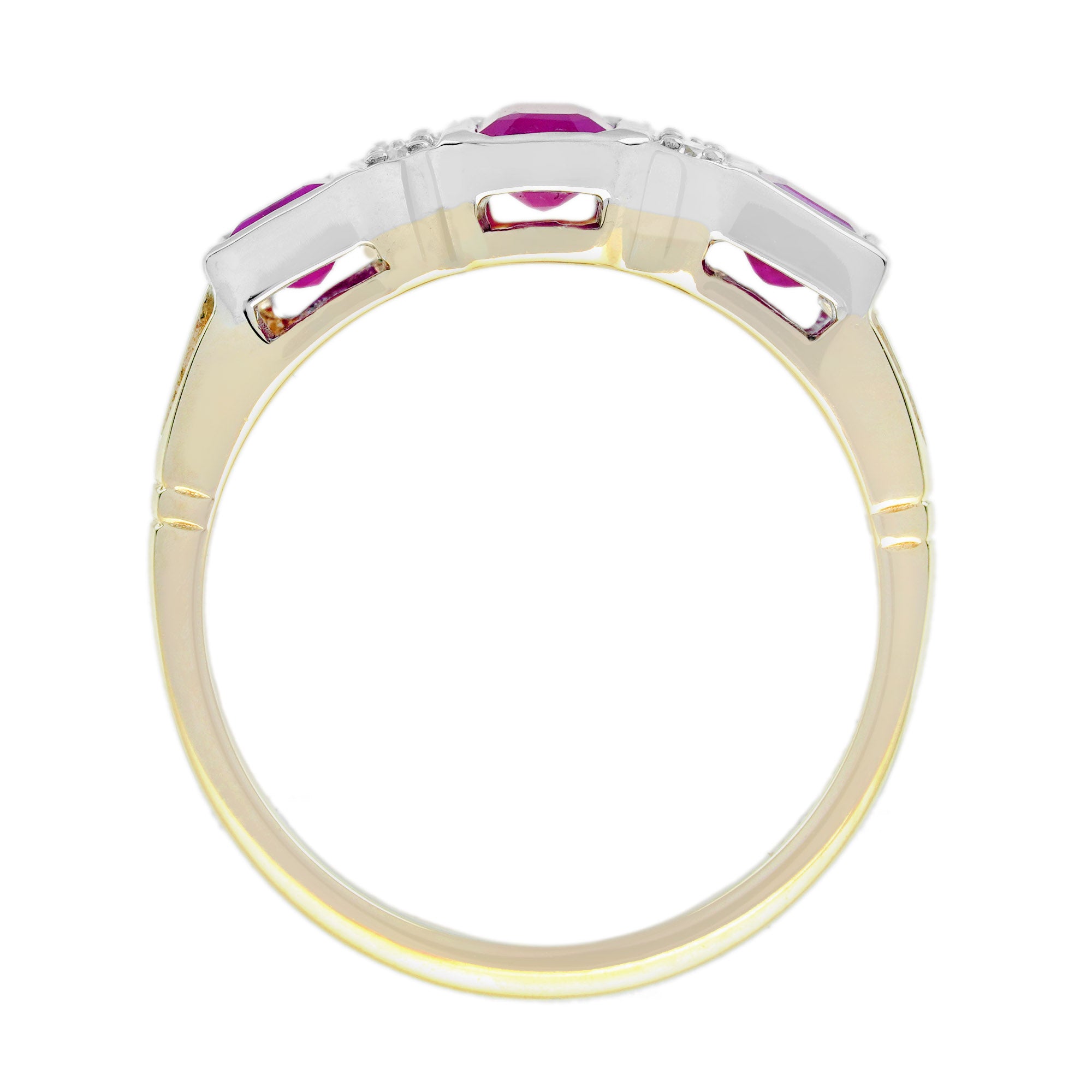 Ruby & Diamond Art Deco Style Three Stone White Yellow Gold Ring