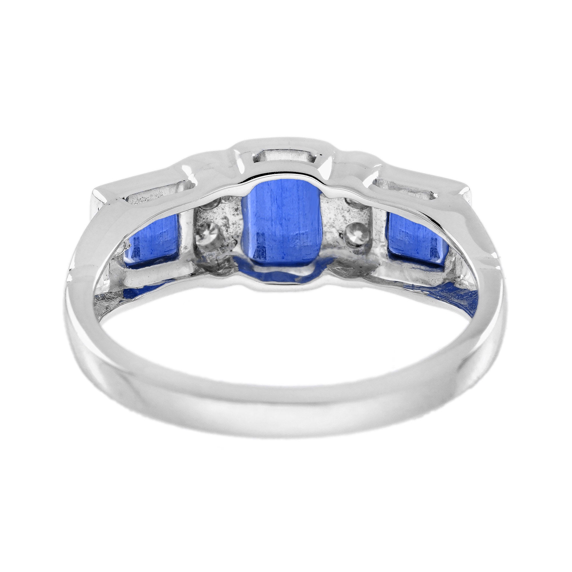 Blue Sapphire & Diamond Art Deco Style Three Stone White Gold Ring