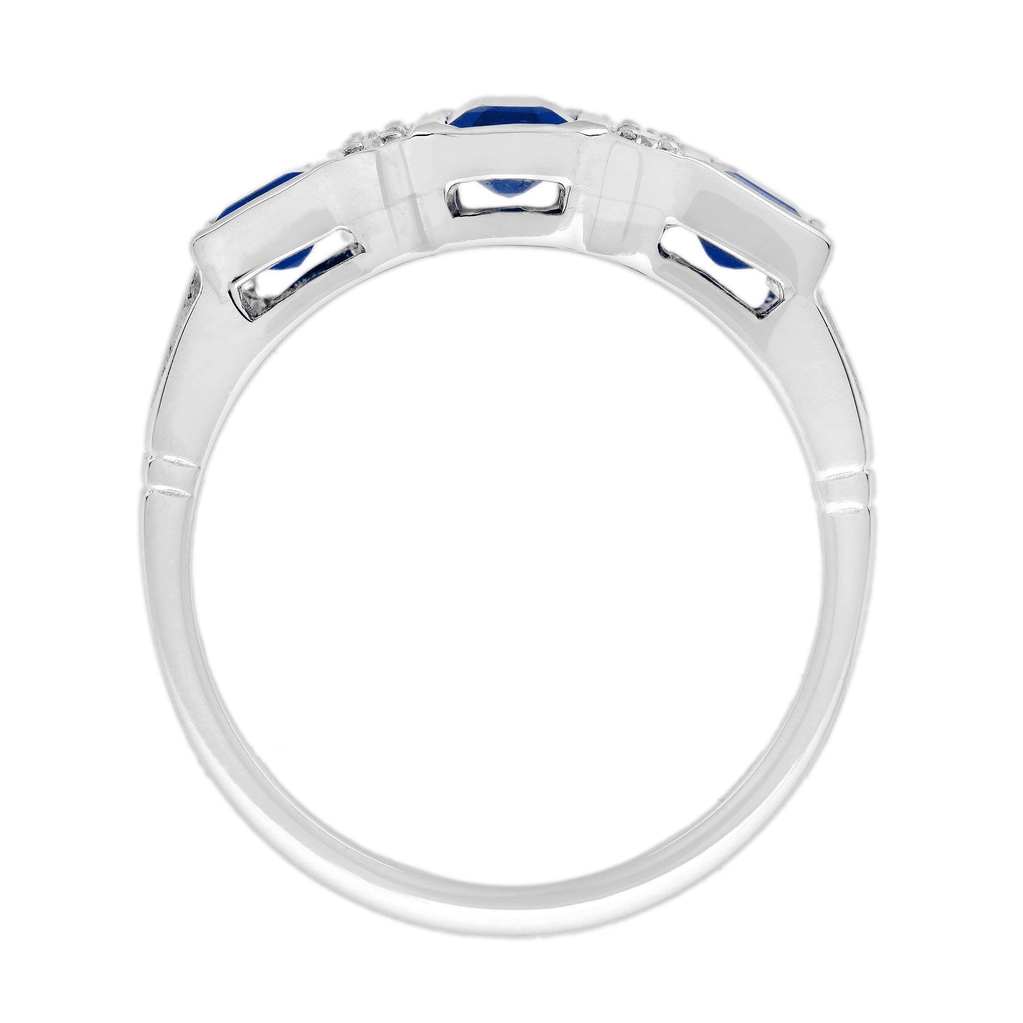 Blue Sapphire & Diamond Art Deco Style Three Stone White Gold Ring