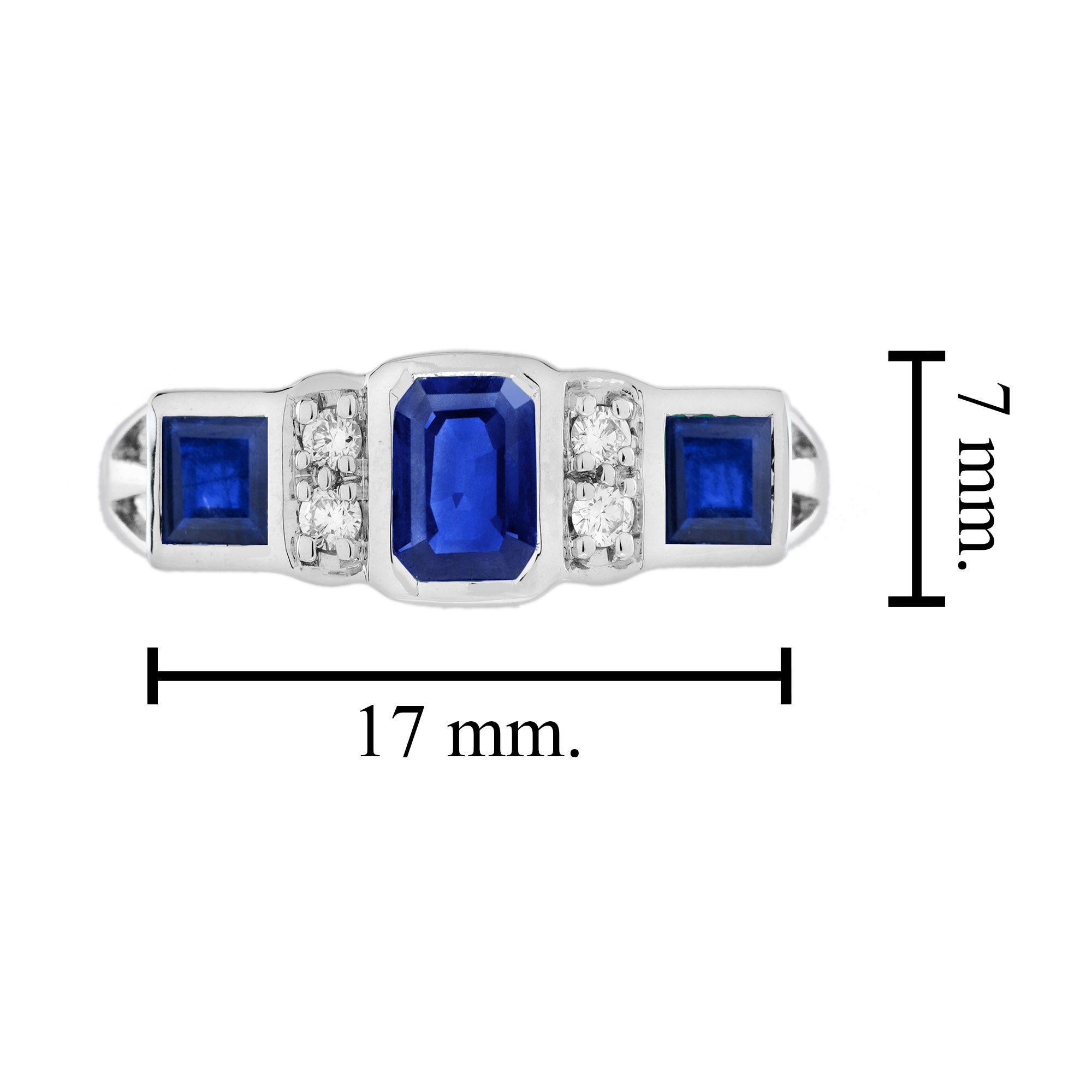 Blue Sapphire & Diamond Art Deco Style Three Stone White Gold Ring
