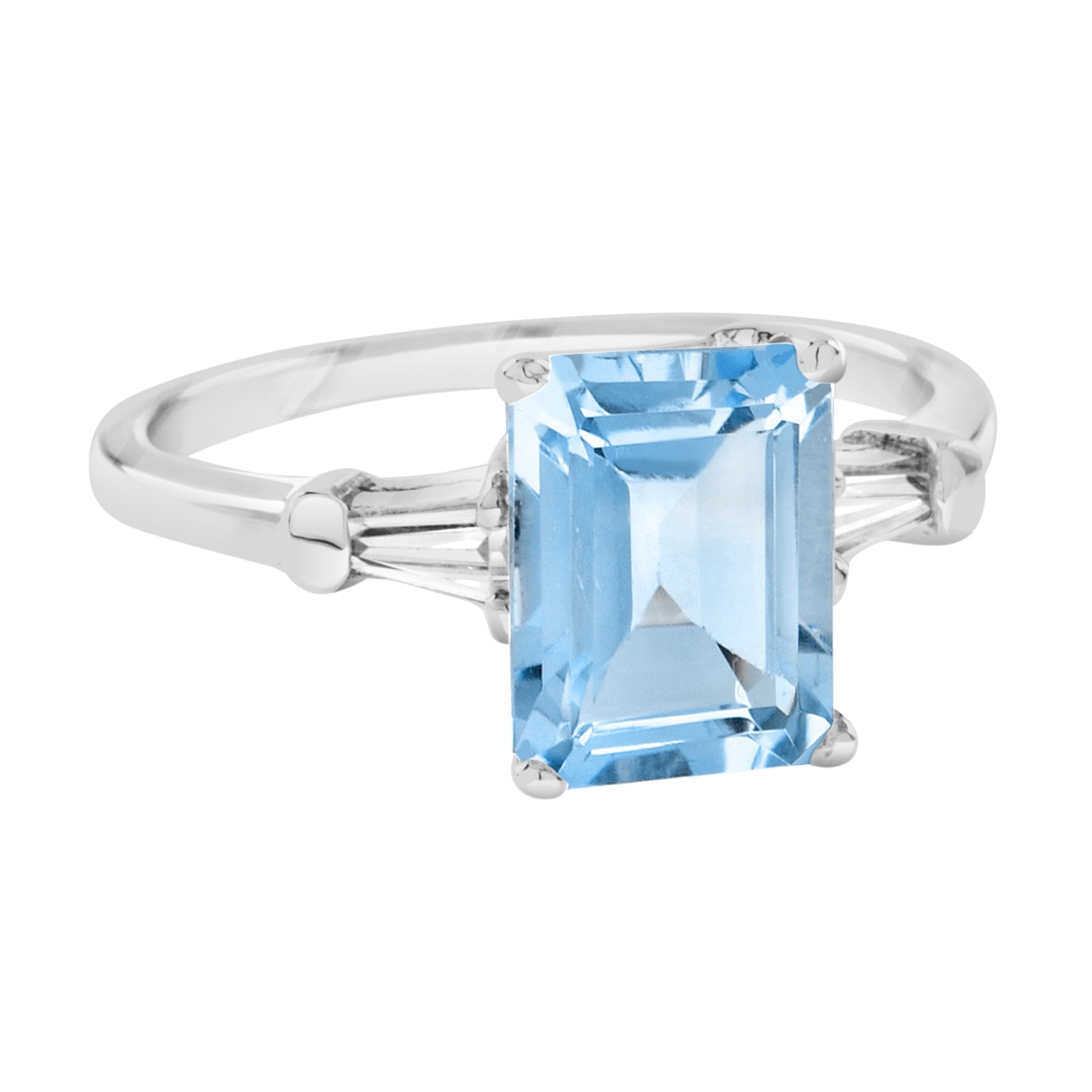 Octagon Emerald Cut Blue Topaz & Baguette Diamond Solitaire 14K White Gold Ring