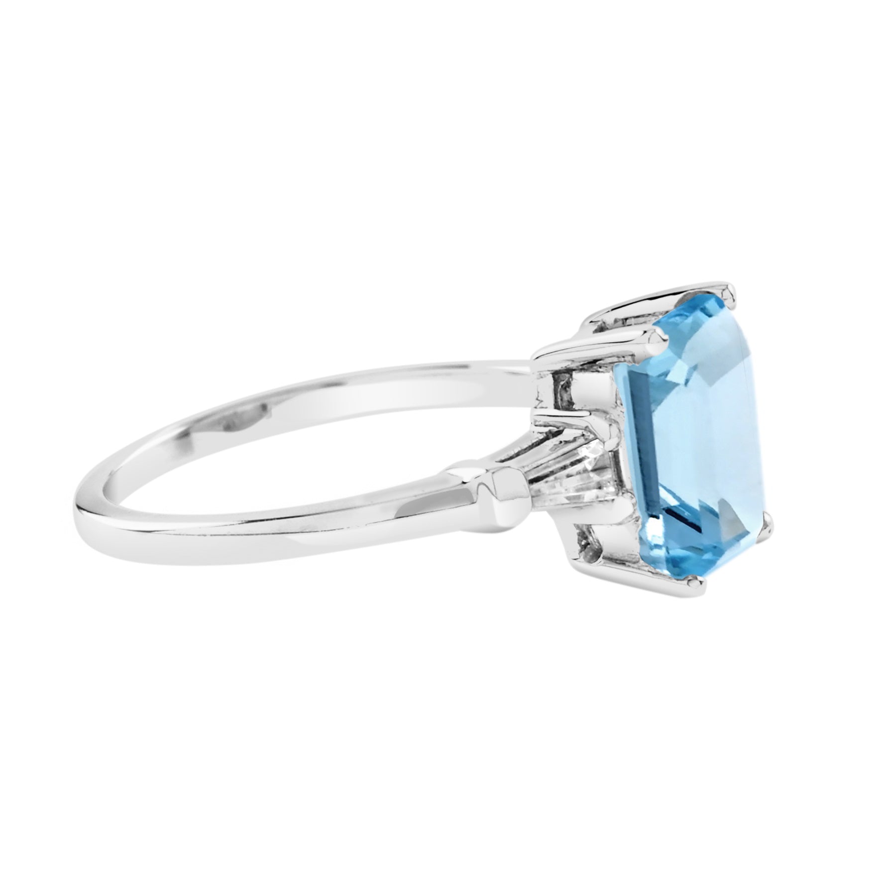 Octagon Emerald Cut Blue Topaz & Baguette Diamond Solitaire 14K White Gold Ring