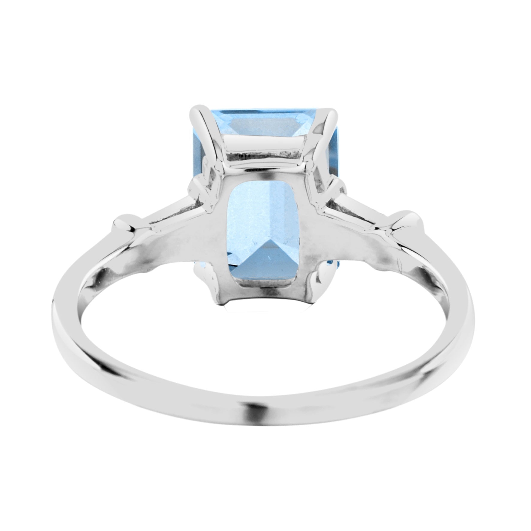 Octagon Emerald Cut Blue Topaz & Baguette Diamond Solitaire 14K White Gold Ring
