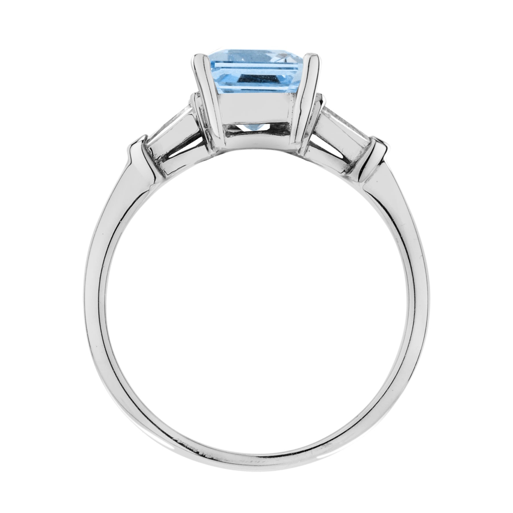 Octagon Emerald Cut Blue Topaz & Baguette Diamond Solitaire 14K White Gold Ring