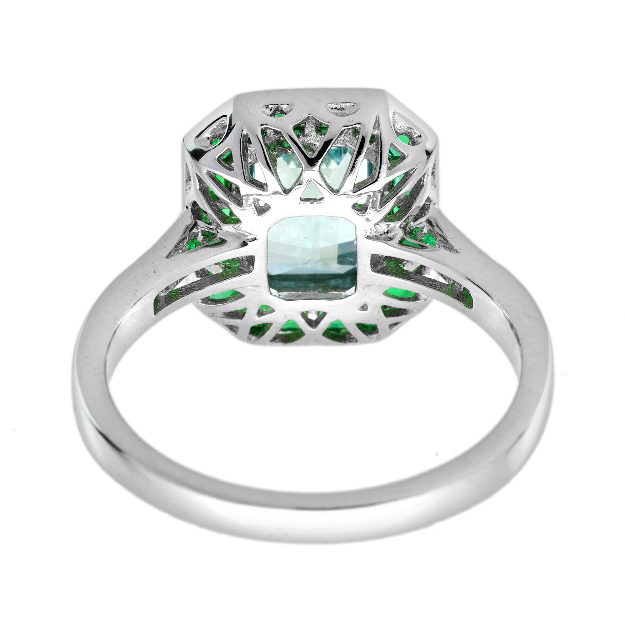Emerald Cut Blue Aquamarine & Green Emerald Art Deco Style White Platinum Ring
