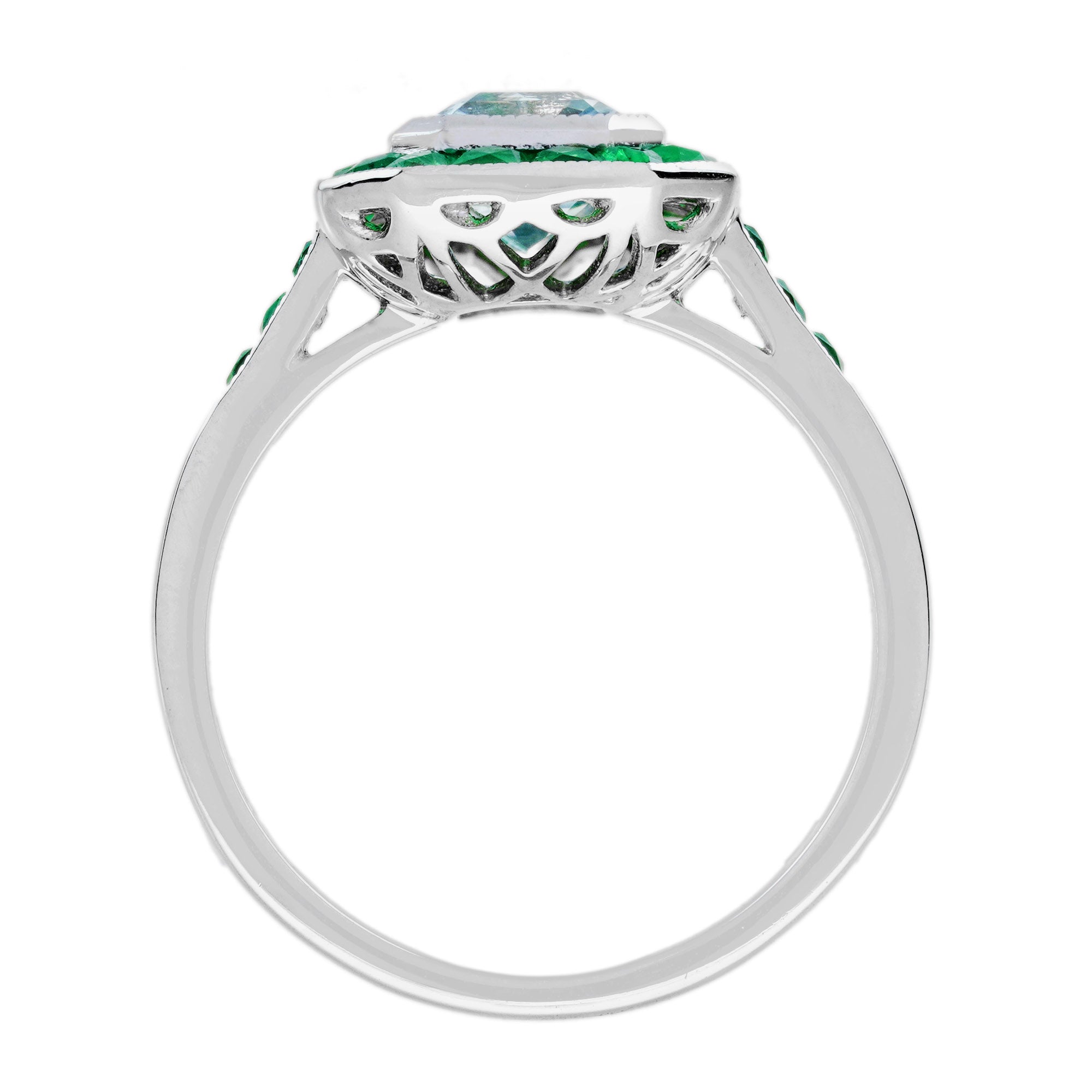 Emerald Cut Blue Aquamarine & Green Emerald Art Deco Style White Platinum Ring