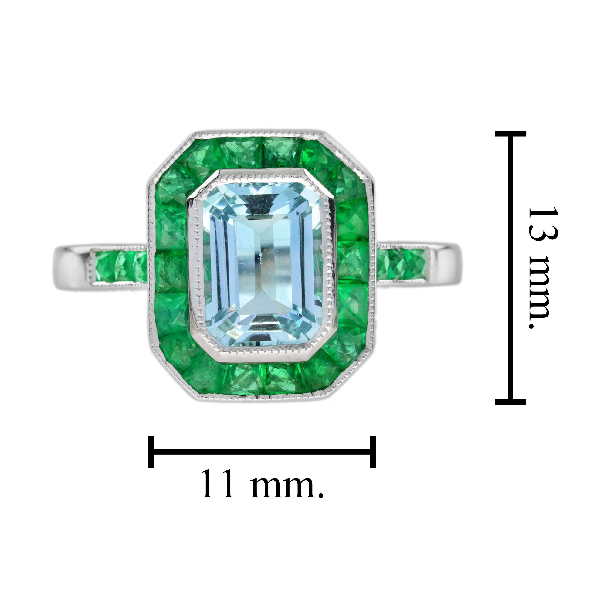 Emerald Cut Blue Aquamarine & Green Emerald Art Deco Style White Platinum Ring