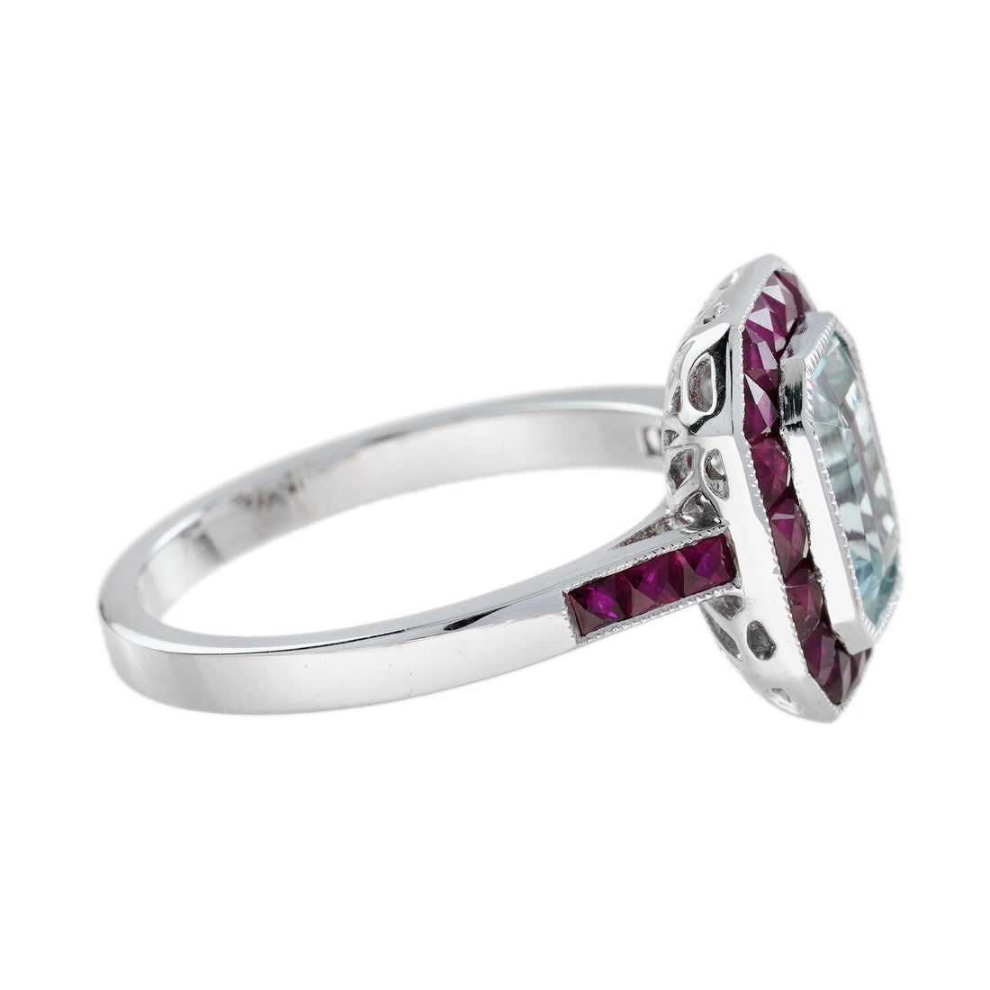 Octagon Shape Blue Aquamarine & Ruby Halo Set Art Deco Style 14K White Gold Ring