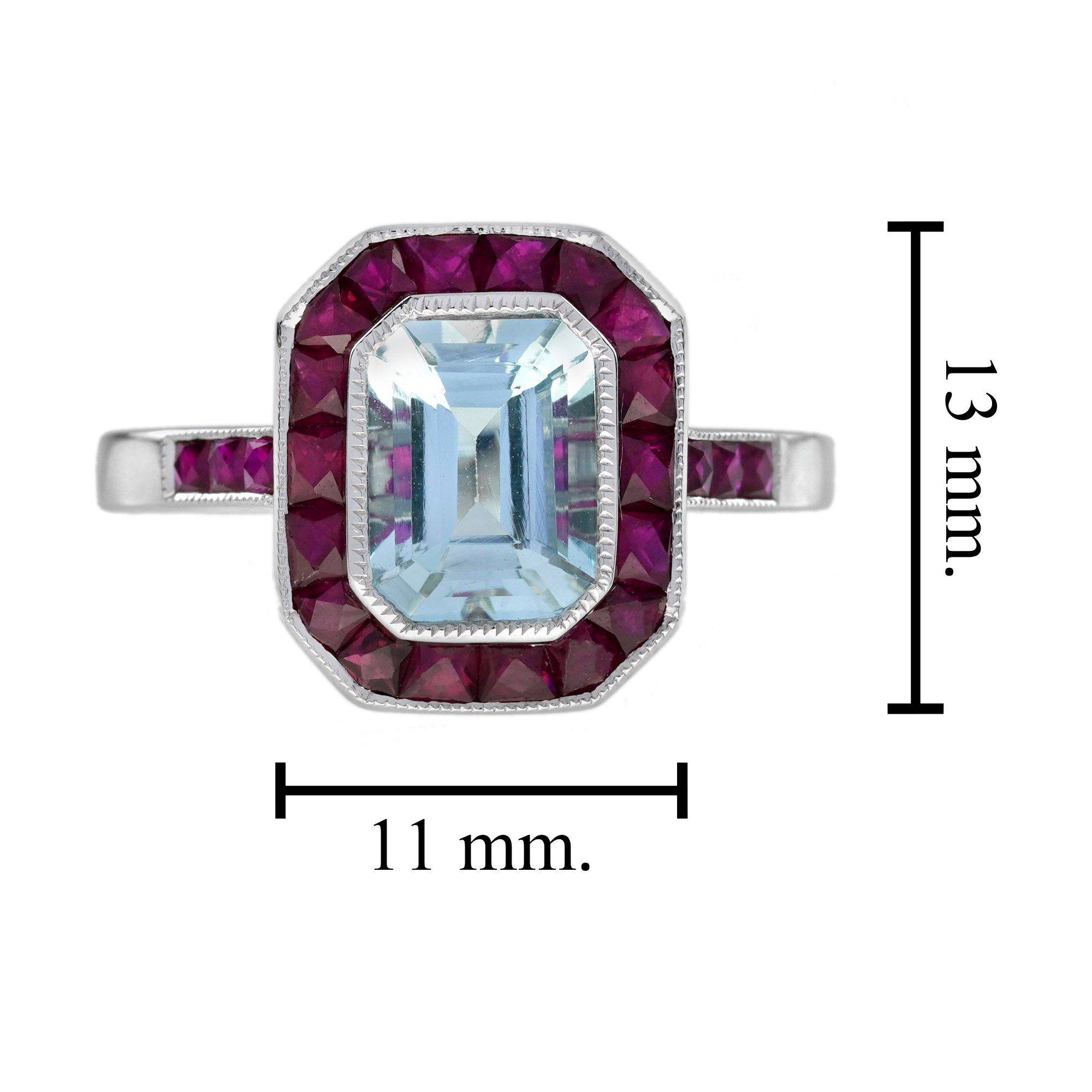 Octagon Shape Blue Aquamarine & Ruby Halo Set Art Deco Style 14K White Gold Ring