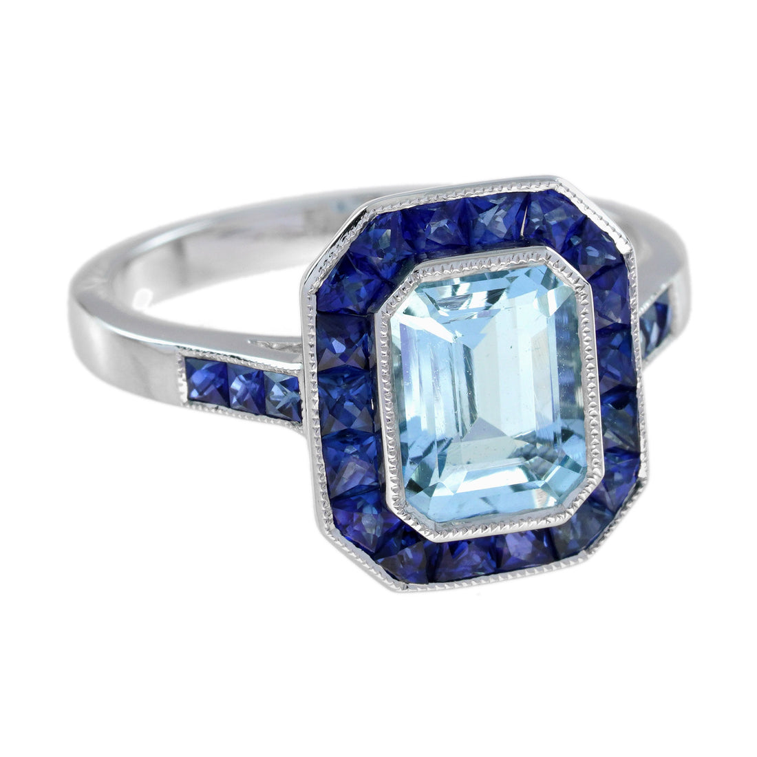 Rectangle Blue Aquamarine & Sapphire Halo Set Art Deco Style White Gold Ring