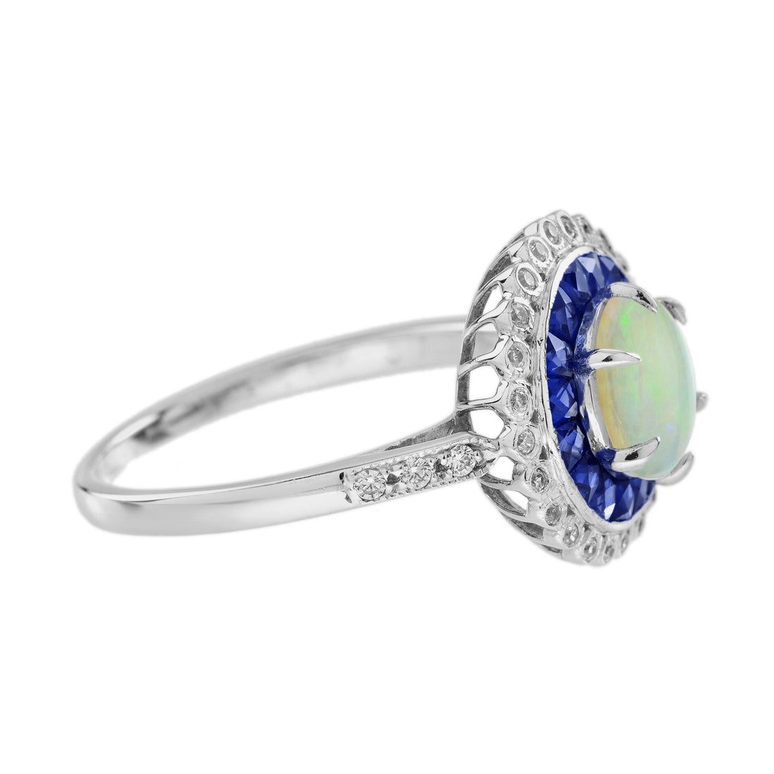 Opal & Blue Sapphire Diamond Vintage Style Halo White Gold Ring