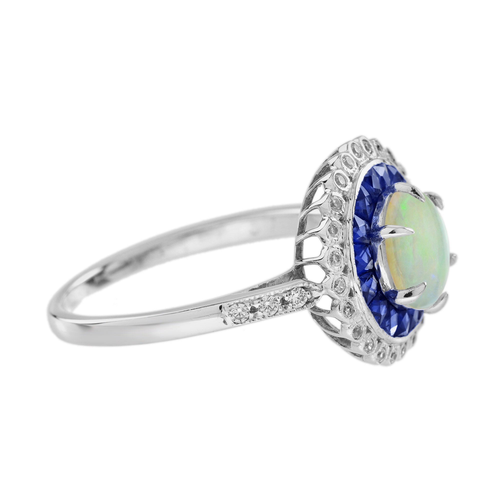 Opal & Blue Sapphire Diamond Vintage Style Halo White Gold Ring