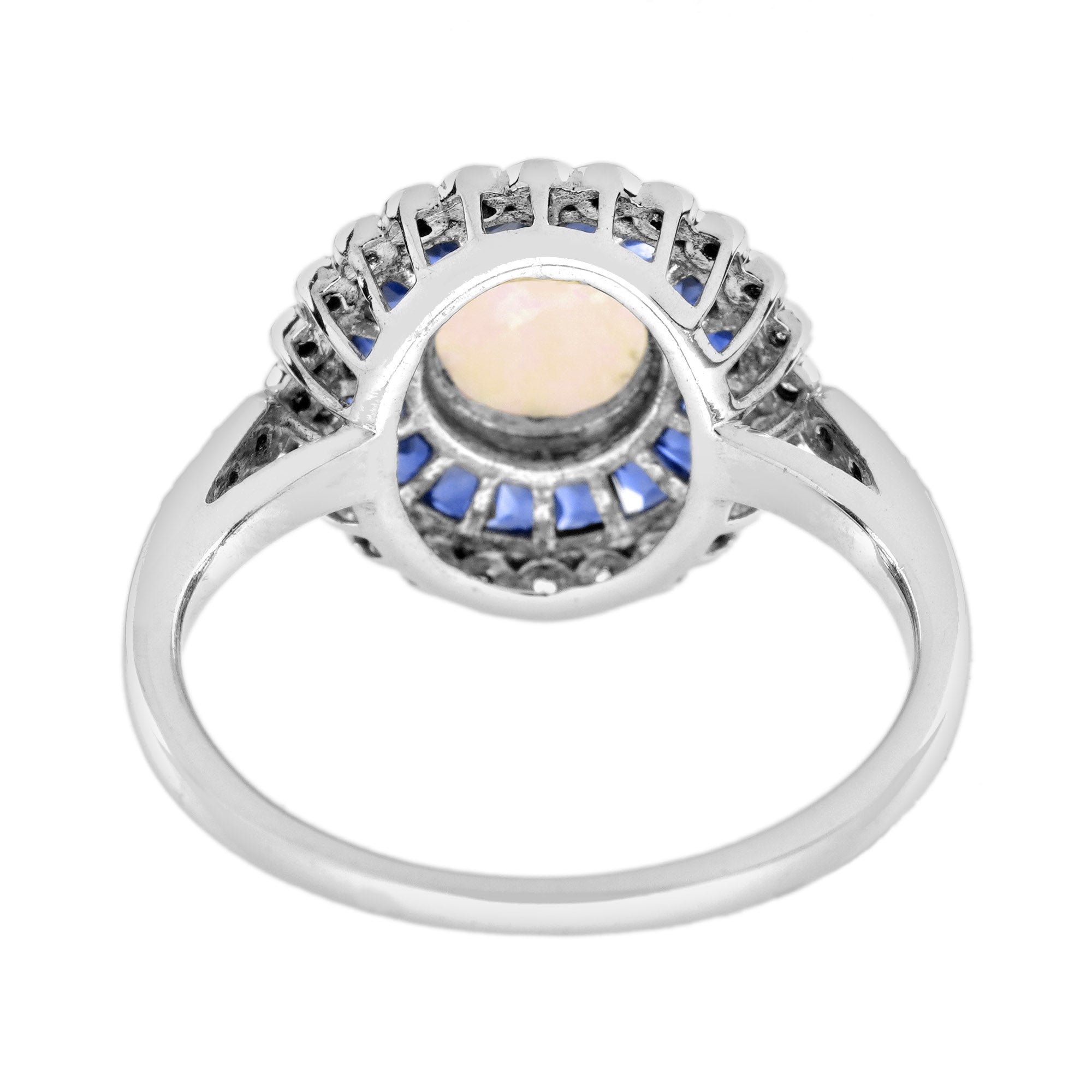 Opal & Blue Sapphire Diamond Vintage Style Halo White Gold Ring