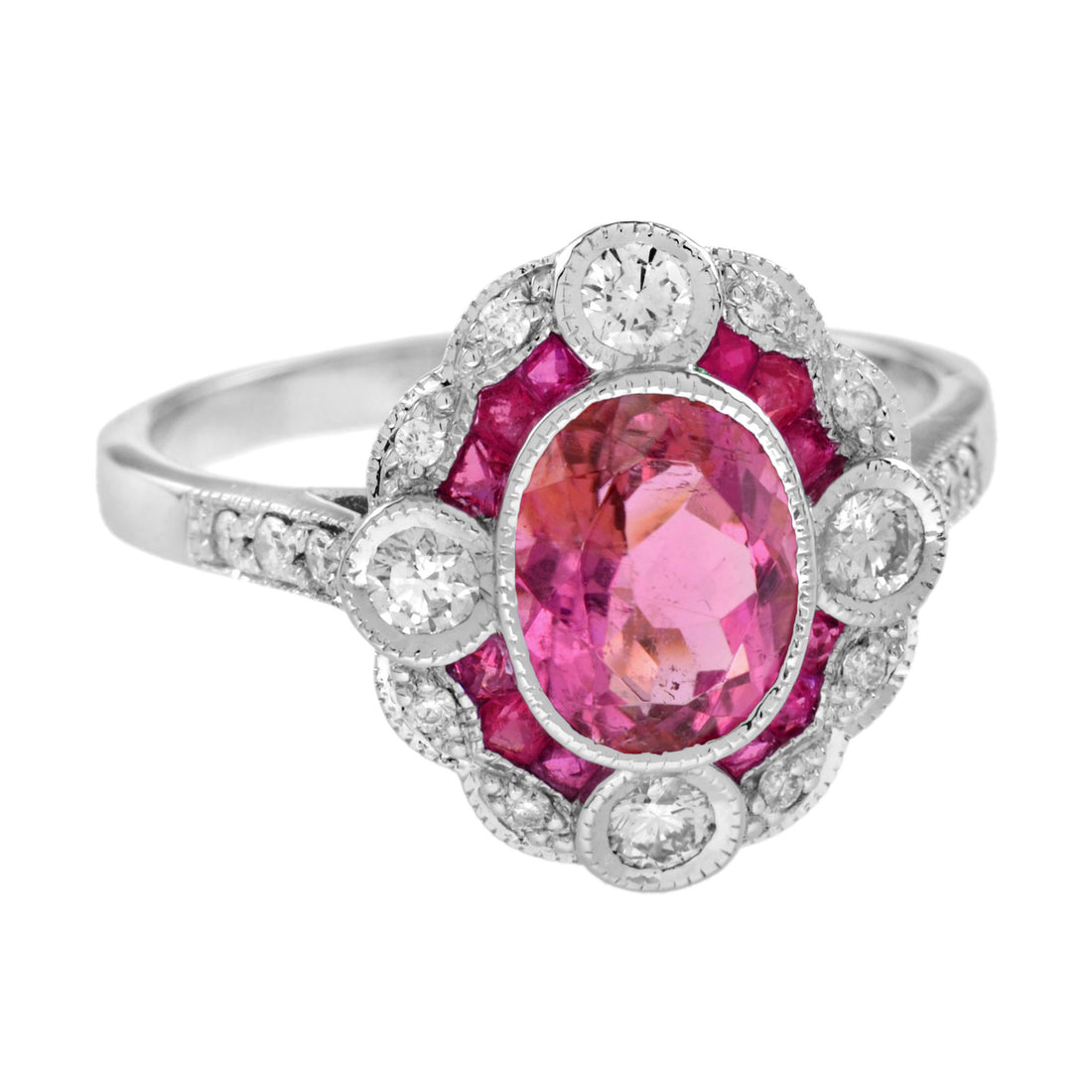 Oval Shape Pink Tourmaline & Ruby Diamond Vintage Inspired Style White Gold Ring