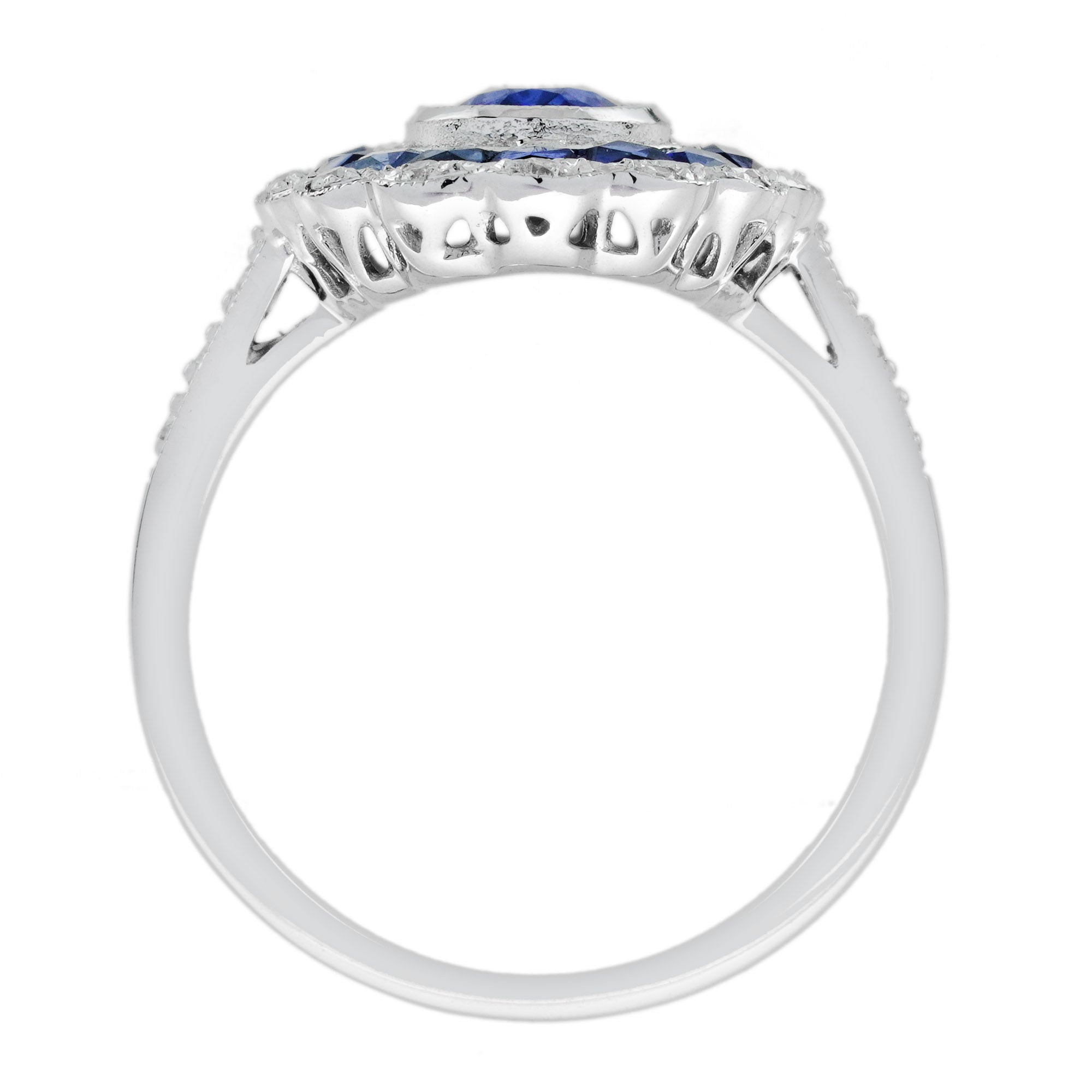 Oval Shape Blue Sapphire & Diamond Vintage Art Deco Style Halo White Gold Ring