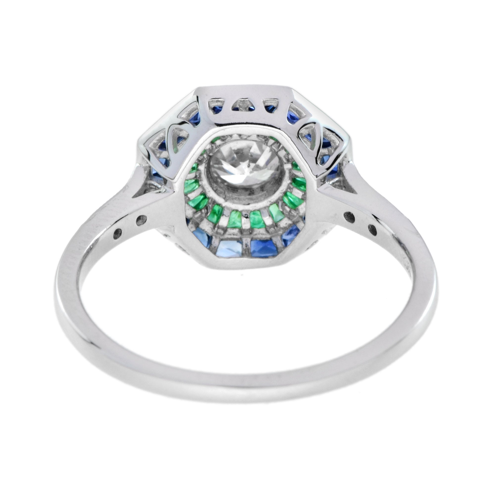 Art Deco Style Diamond with Blue Sapphire & Green Emerald Halo White Gold Ring
