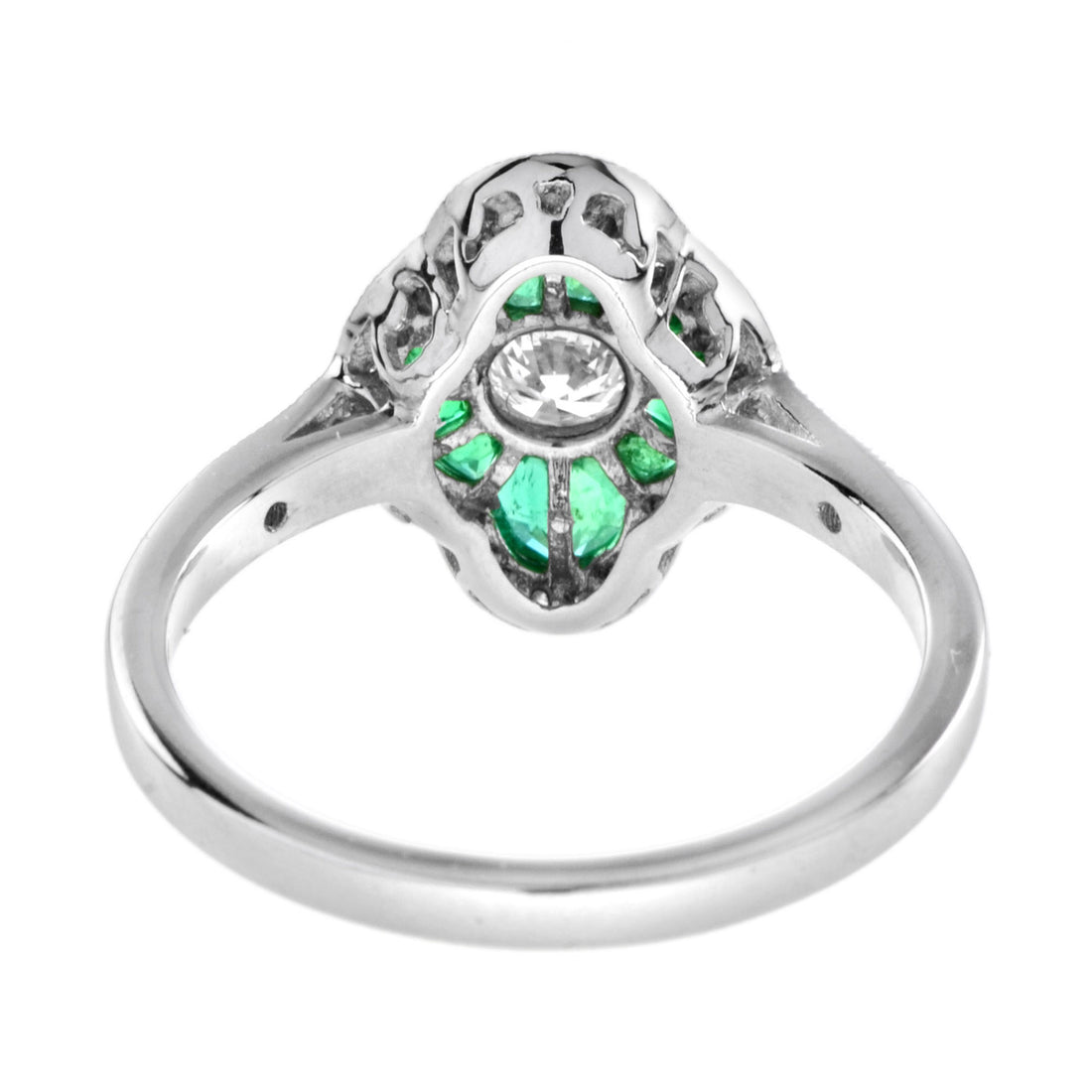 Art Deco Style Diamond & Green Emerald Halo Set Engagement 14K White Gold Ring