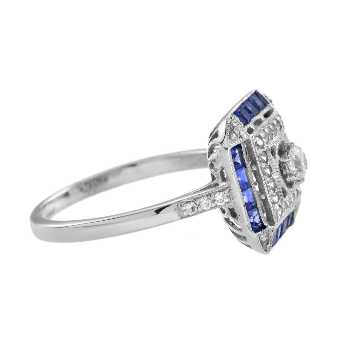 Diamond & Blue Sapphire Art Deco Style Engagement 14K White Gold Ring