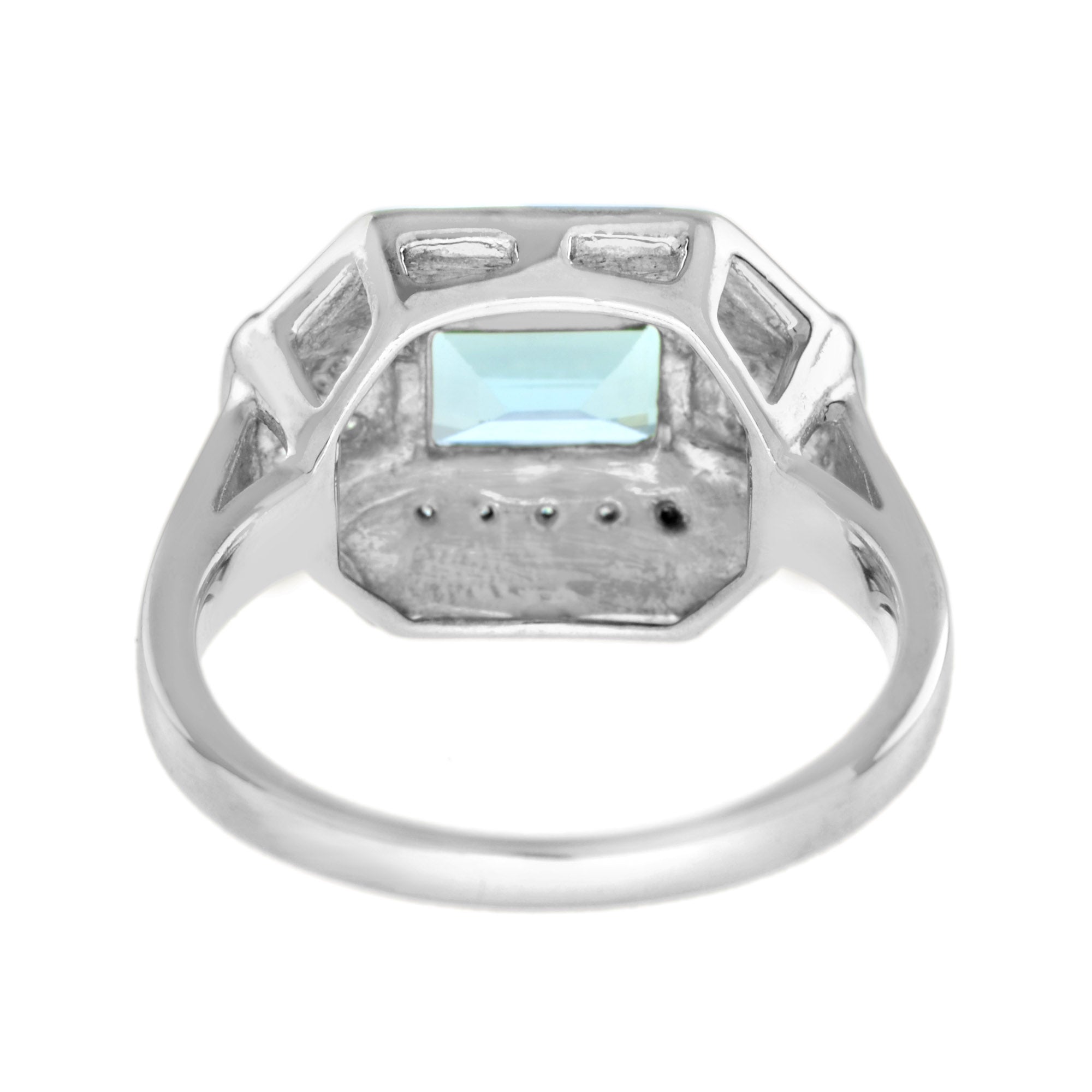Art Deco Style Octagon Sky Blue Topaz & Diamond Black Enamel White Gold Ring