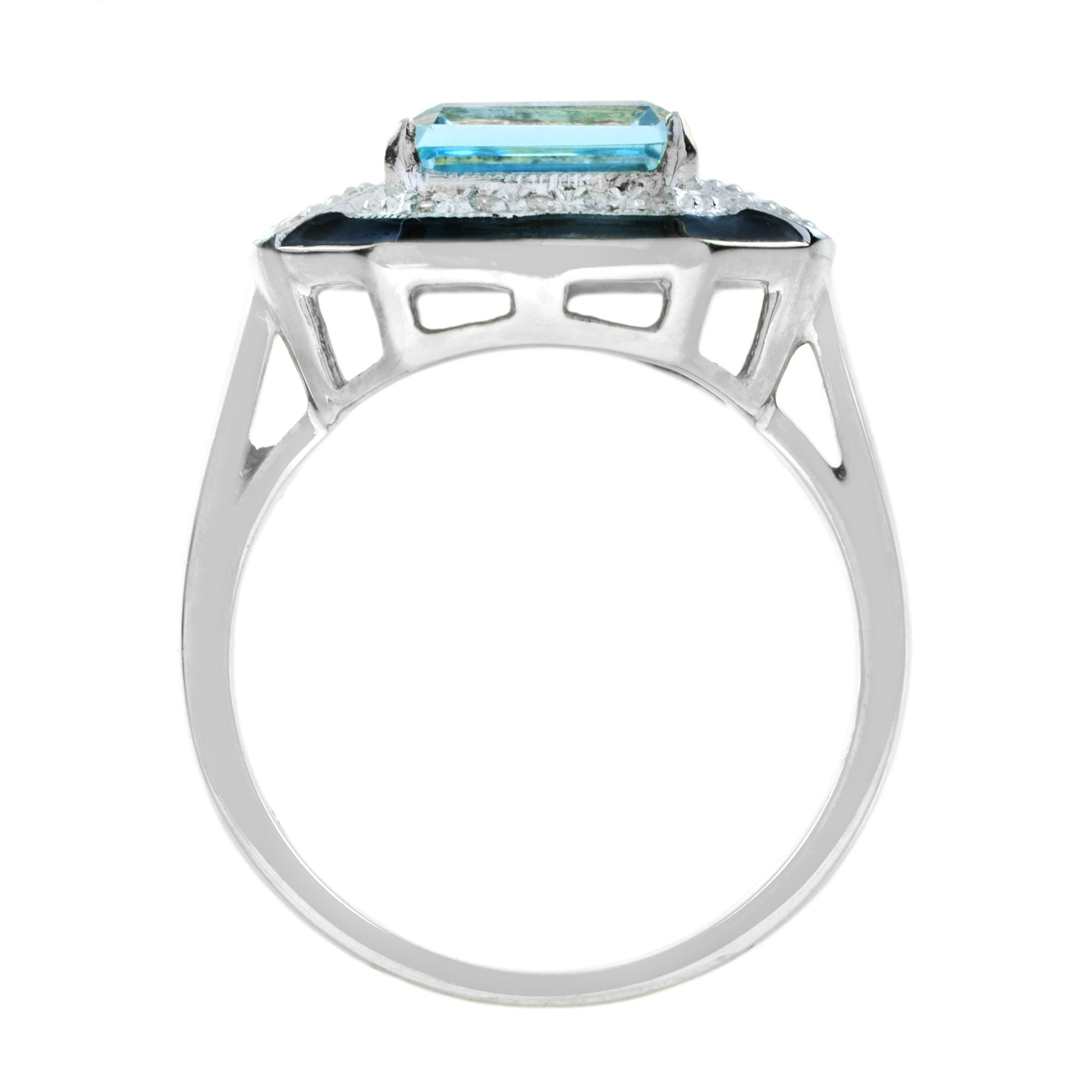 Art Deco Style Octagon Sky Blue Topaz & Diamond Black Enamel White Gold Ring