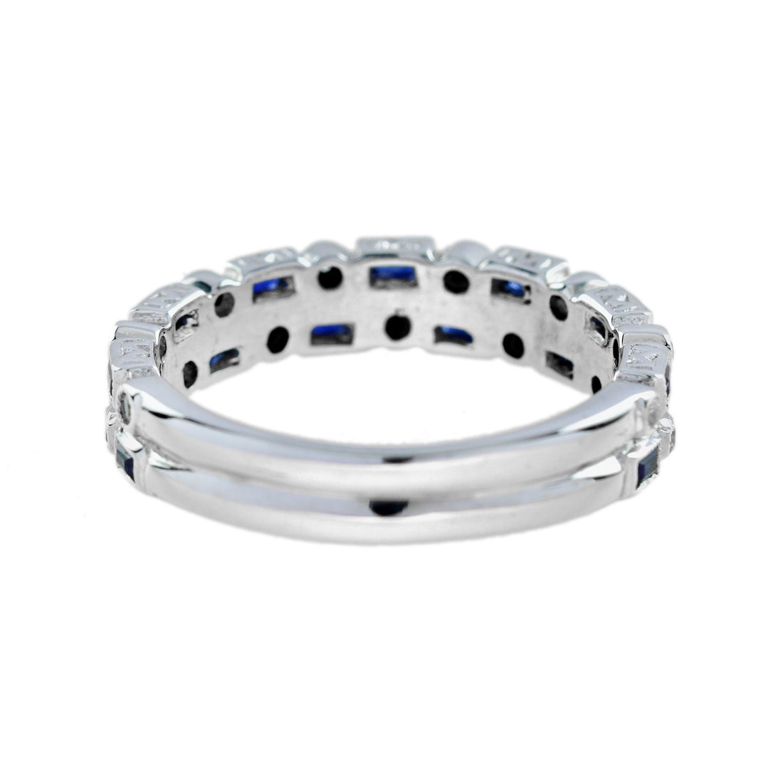 Diamond & Blue Sapphire Art Deco Style Double Row Half Eternity White Gold Ring