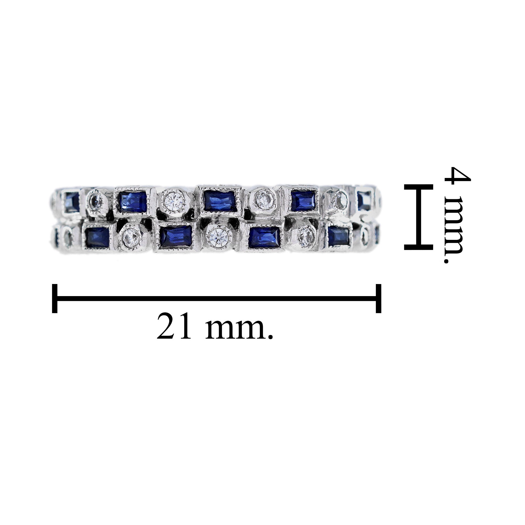 Diamond & Blue Sapphire Art Deco Style Double Row Half Eternity White Gold Ring