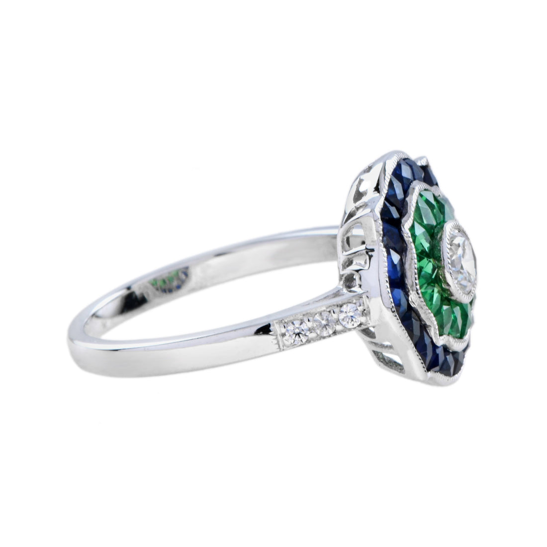 Diamond & Emerald Blue Sapphire Art Deco Style Engagement 14K White Gold Ring