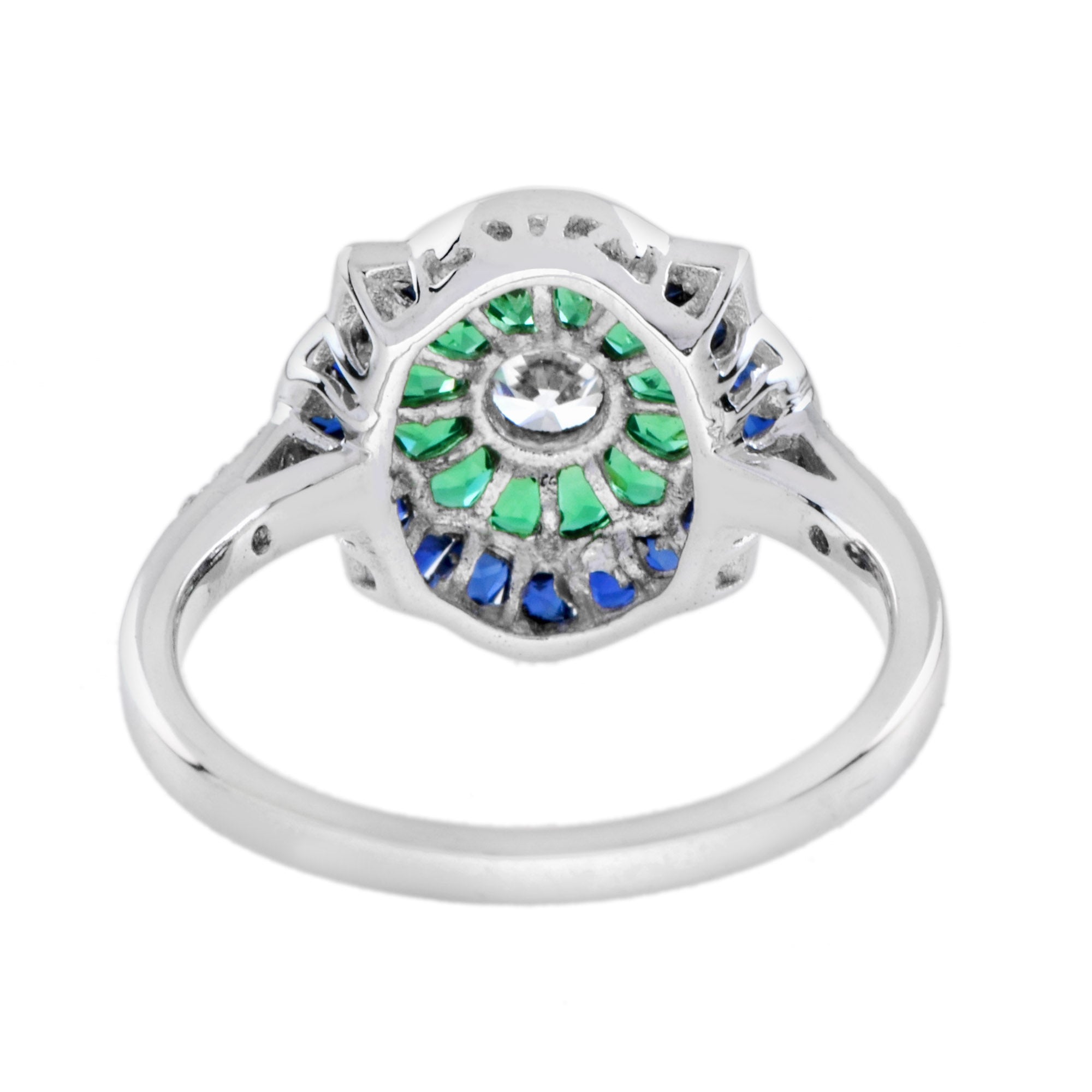 Diamond & Emerald Blue Sapphire Art Deco Style Engagement 14K White Gold Ring