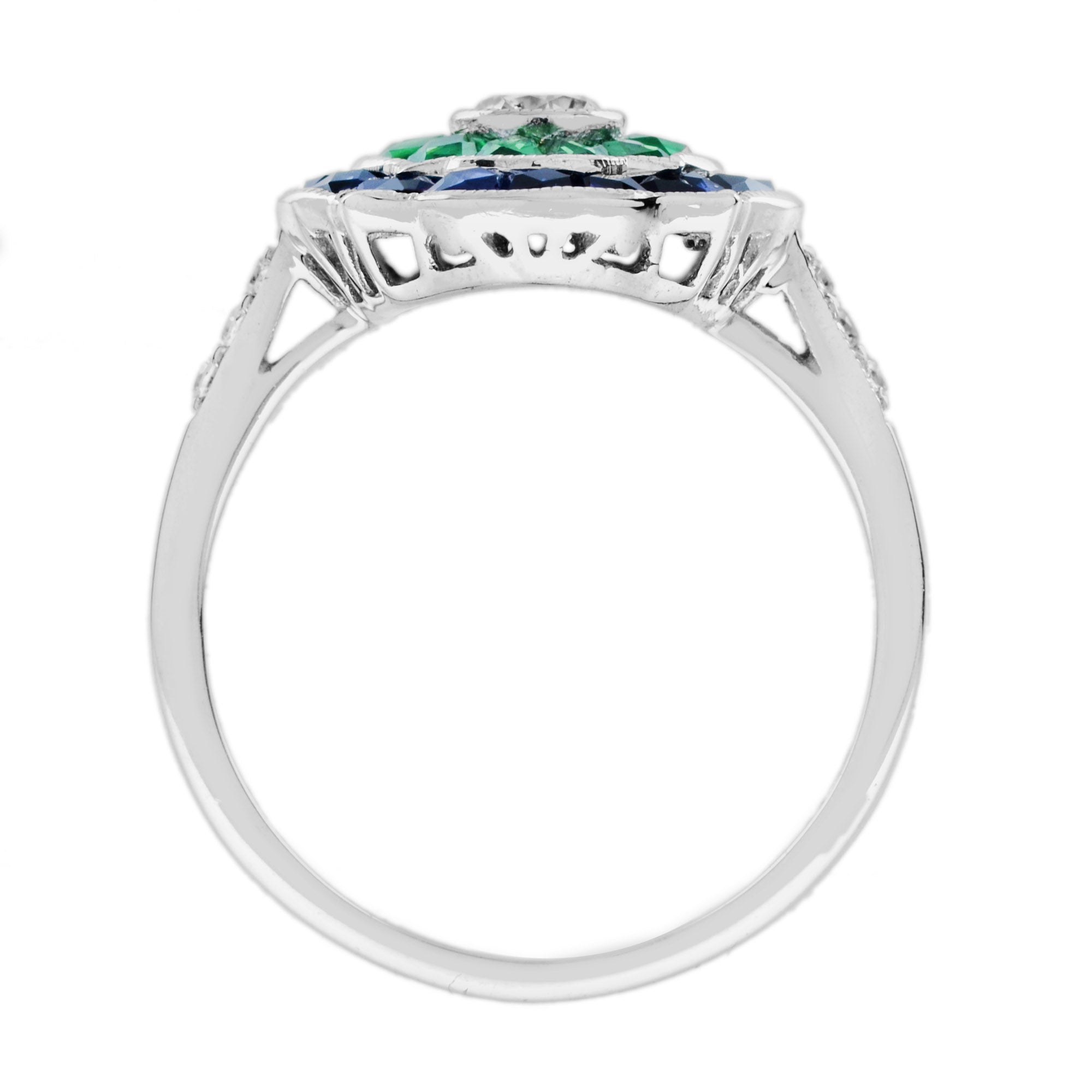 Diamond & Emerald Blue Sapphire Art Deco Style Engagement 14K White Gold Ring