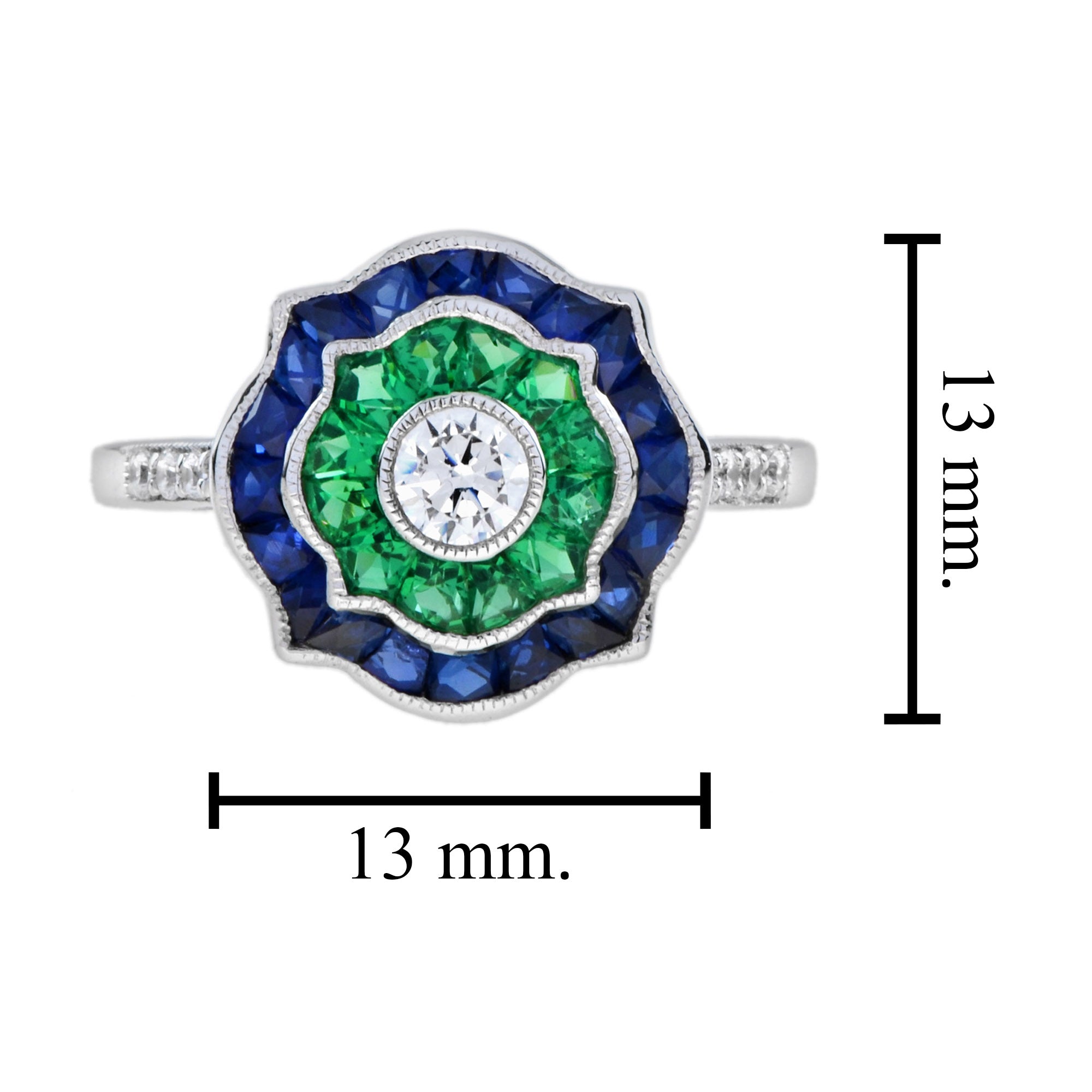 Diamond & Emerald Blue Sapphire Art Deco Style Engagement 14K White Gold Ring