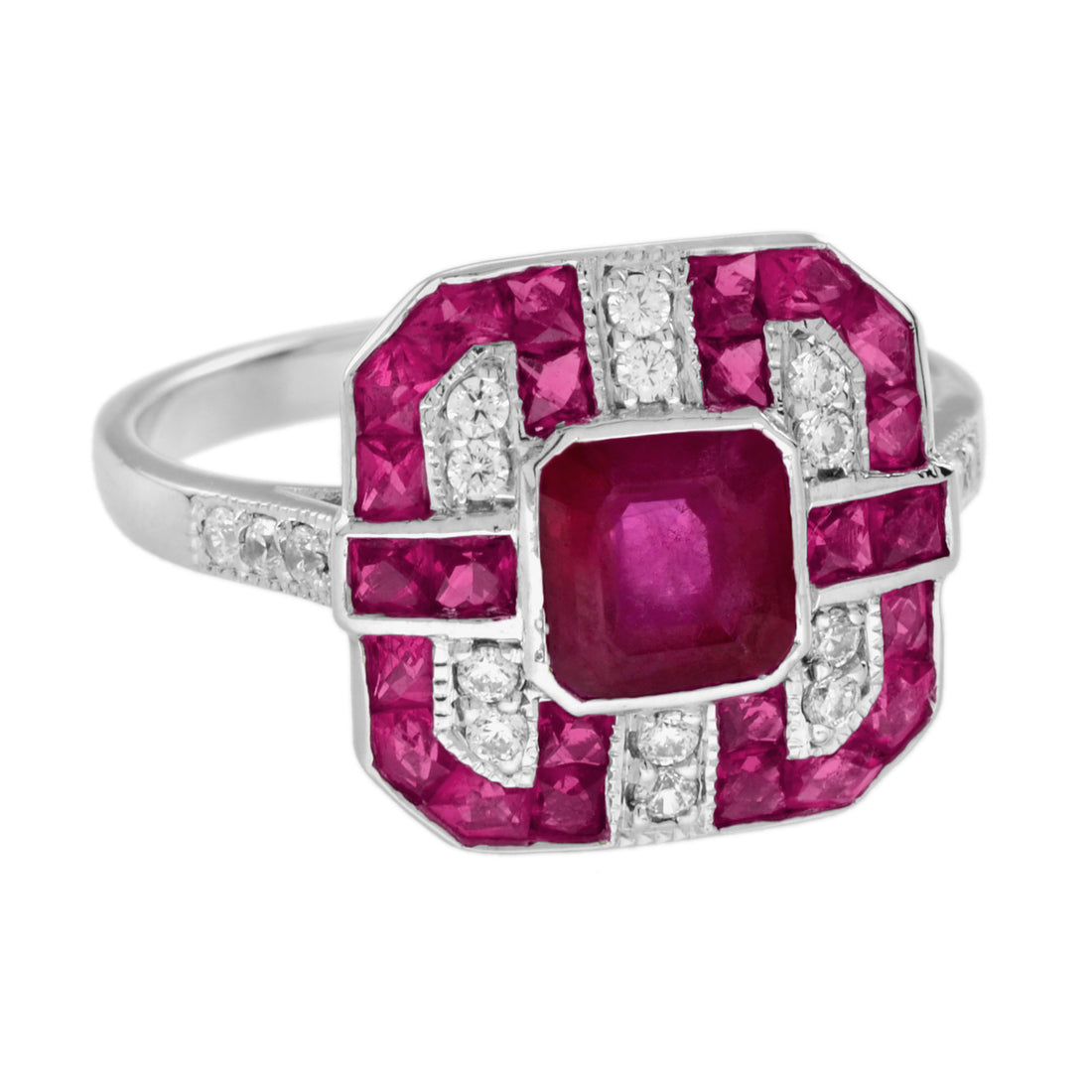Red Pink Ruby & Diamond Art Deco Style Octagon 14K White Gold Ring