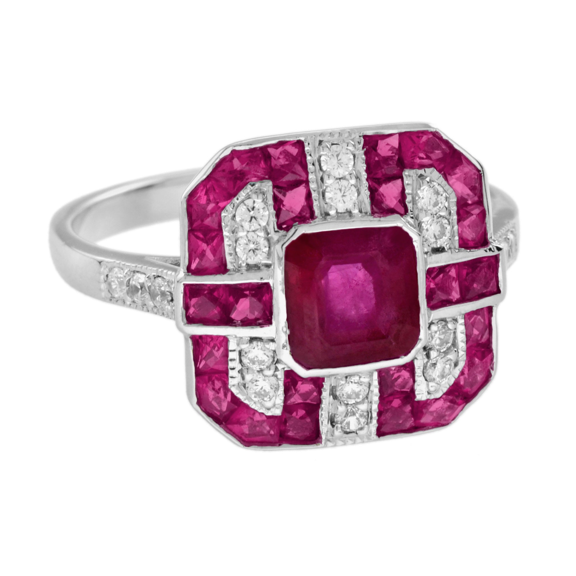 Red Pink Ruby & Diamond Art Deco Style Octagon 14K White Gold Ring