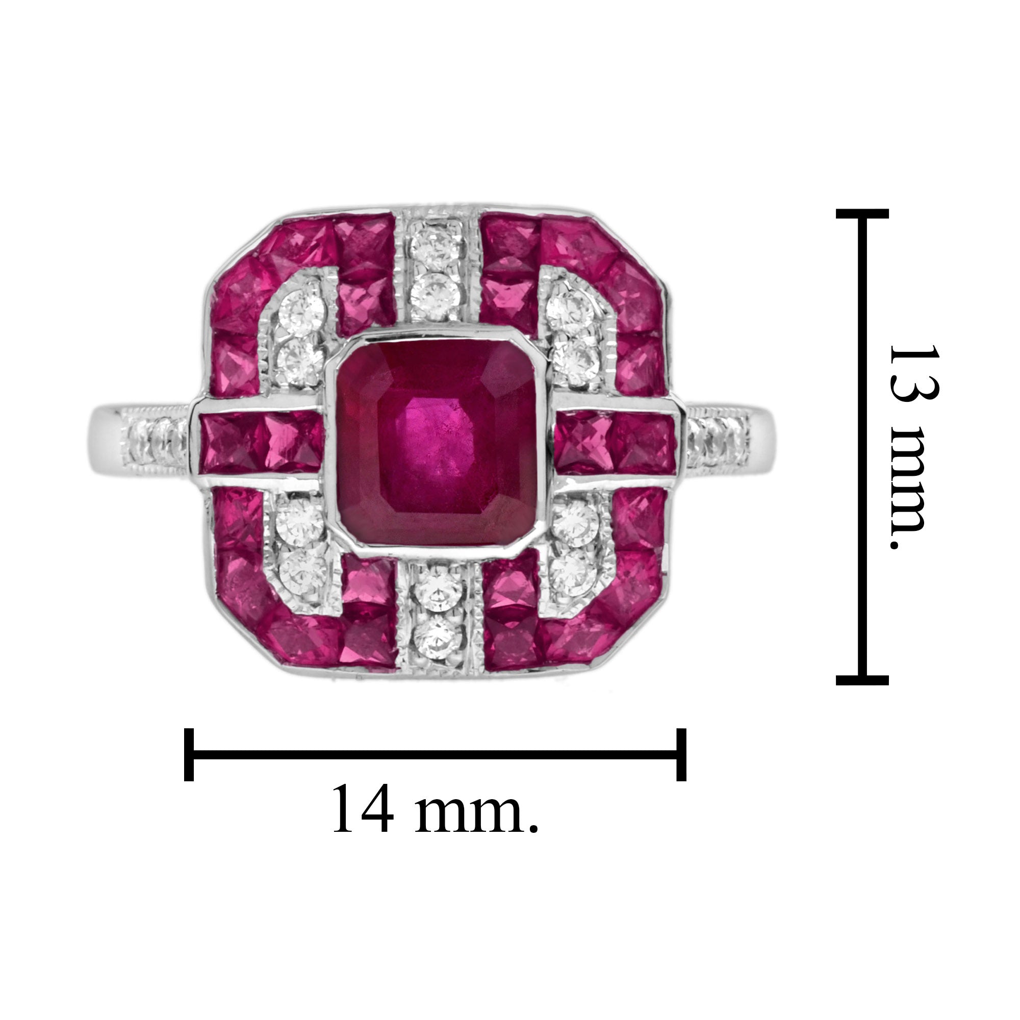 Red Pink Ruby & Diamond Art Deco Style Octagon 14K White Gold Ring