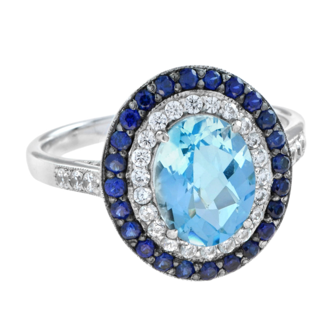 Art Deco Style Oval Blue Topaz Blue Sapphire Diamond Double Halo White Gold Ring