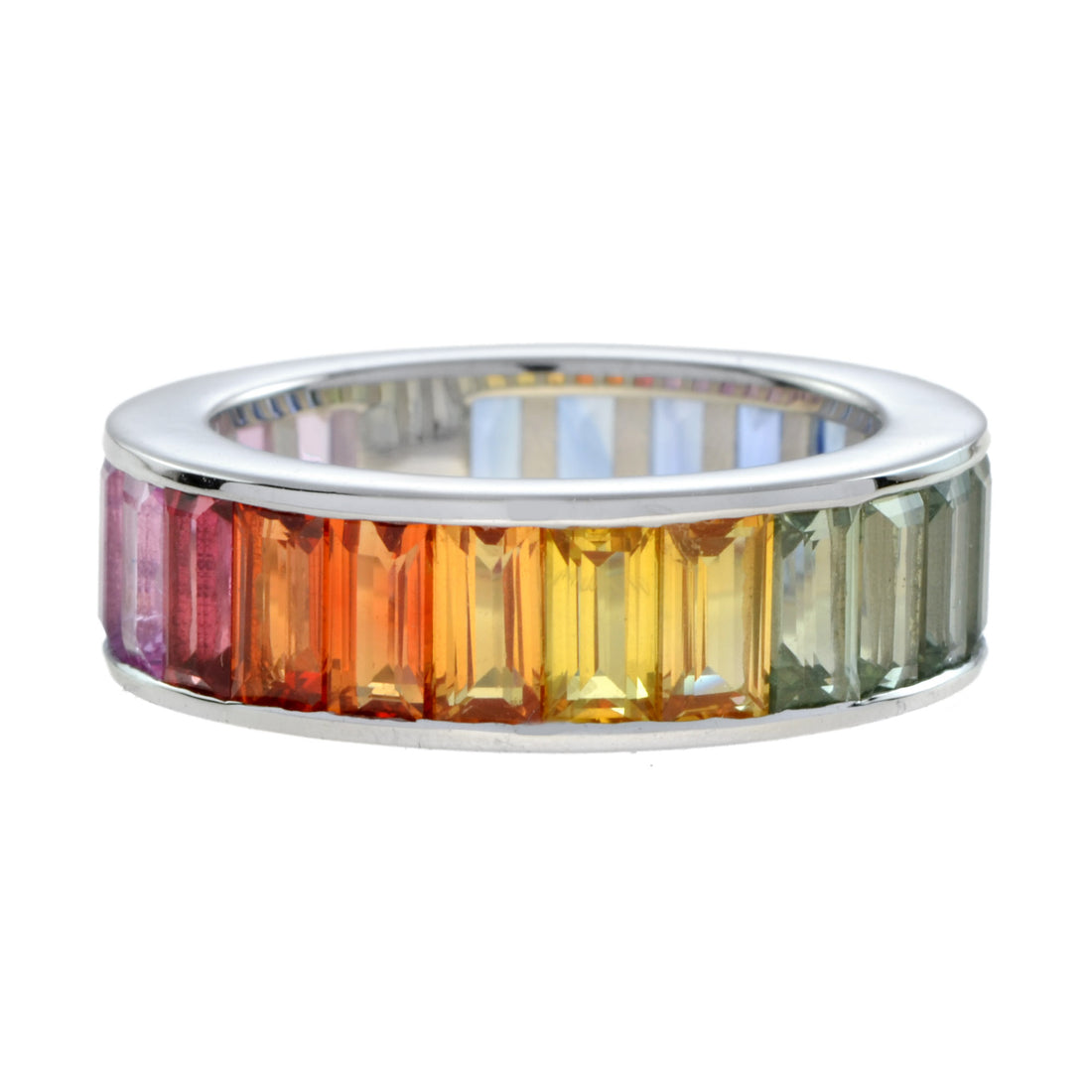 Rainbow Graduating Multicolor Baguette Sapphires Eternity Band White Gold Ring