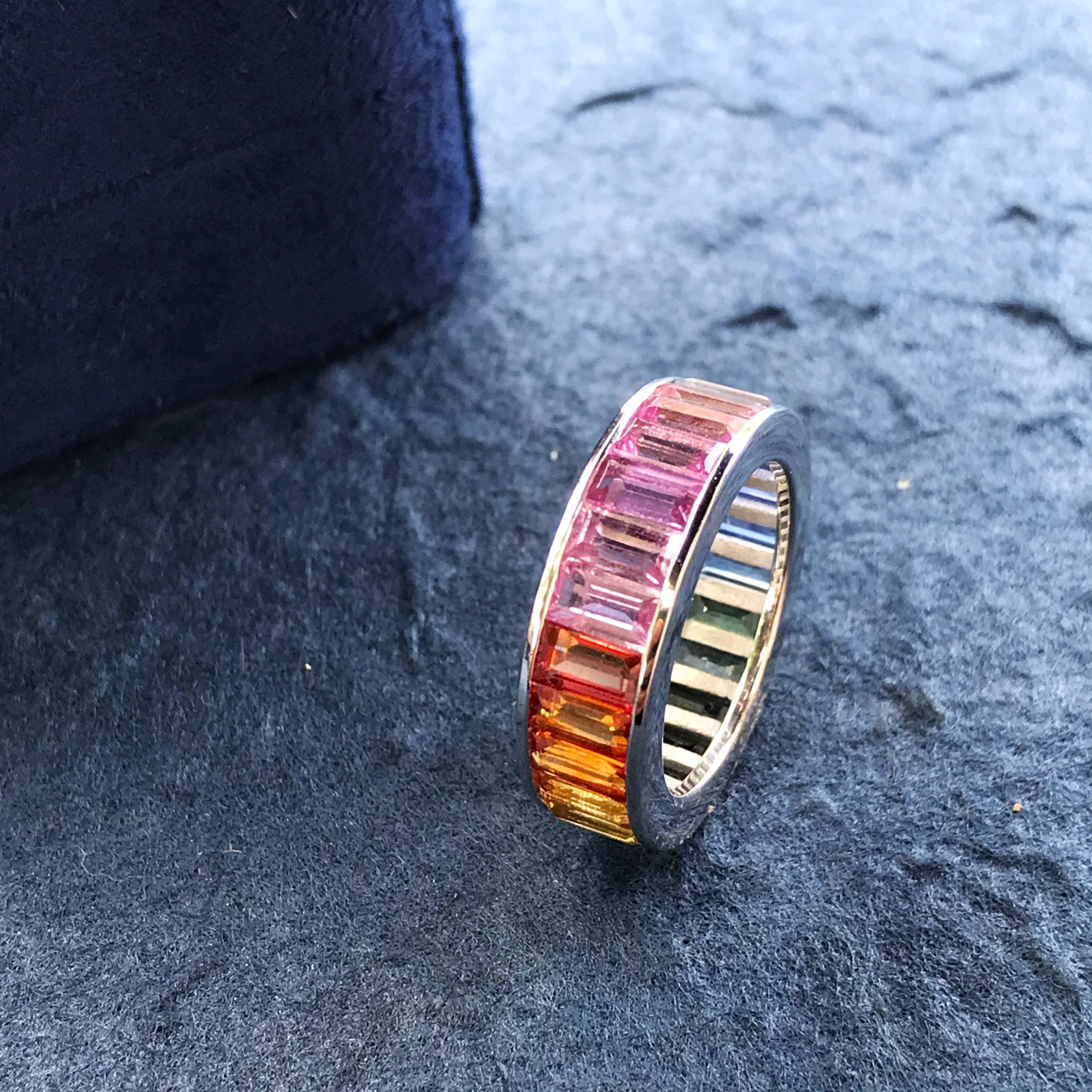 Rainbow Graduating Multicolor Baguette Sapphires Eternity Band White Gold Ring
