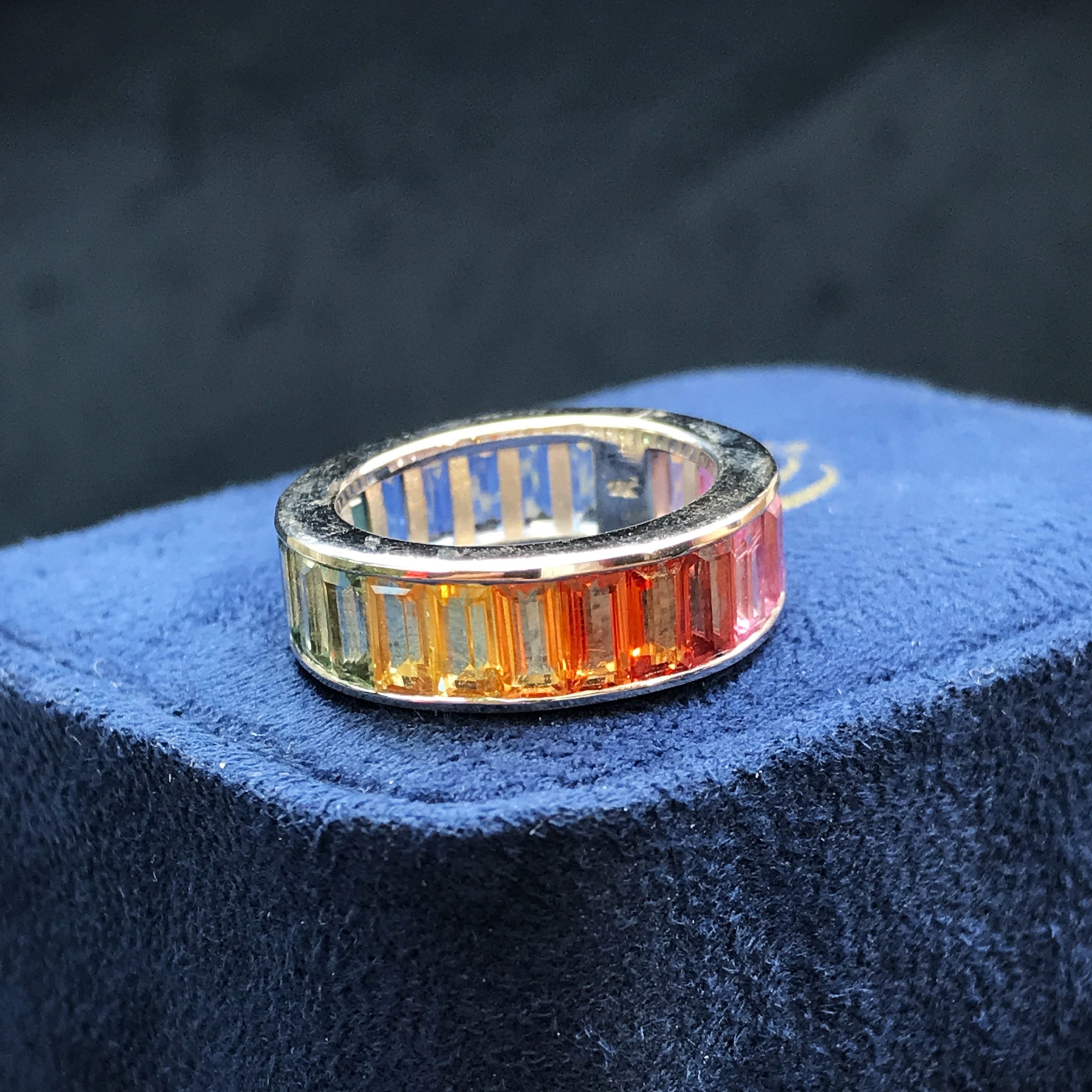 Rainbow Graduating Multicolor Baguette Sapphires Eternity Band White Gold Ring