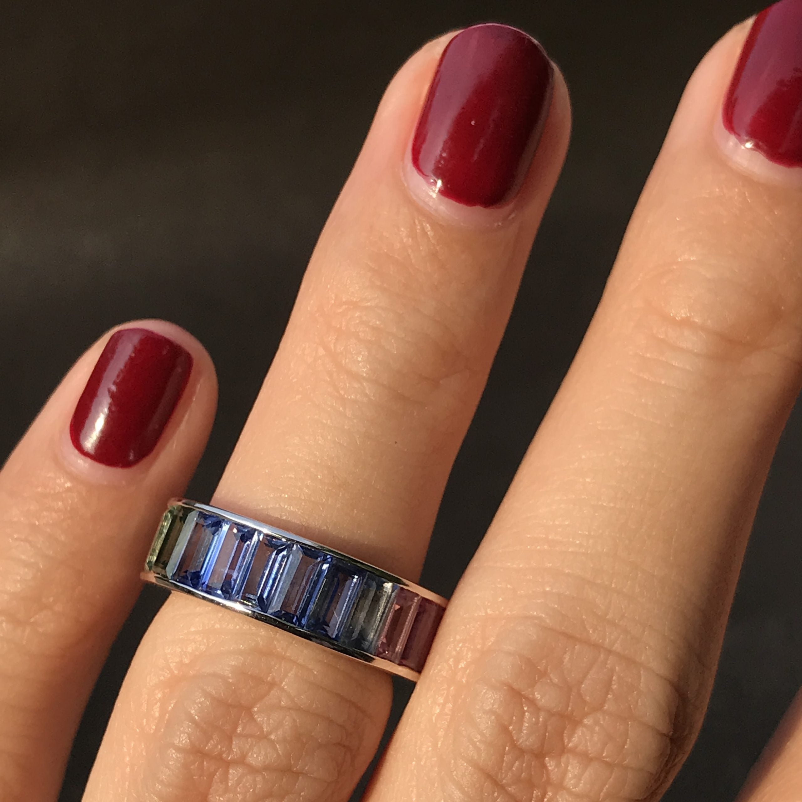 Rainbow Graduating Multicolor Baguette Sapphires Eternity Band White Gold Ring