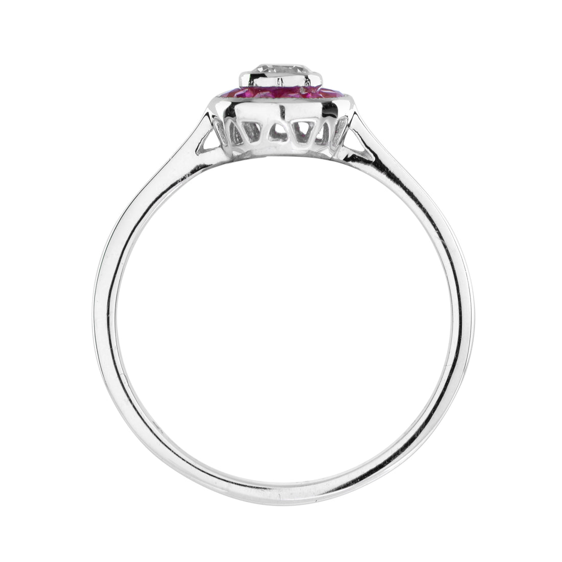 Art Deco Style Diamond & Red Pink Ruby Halo Vintage Inspired White Gold Ring